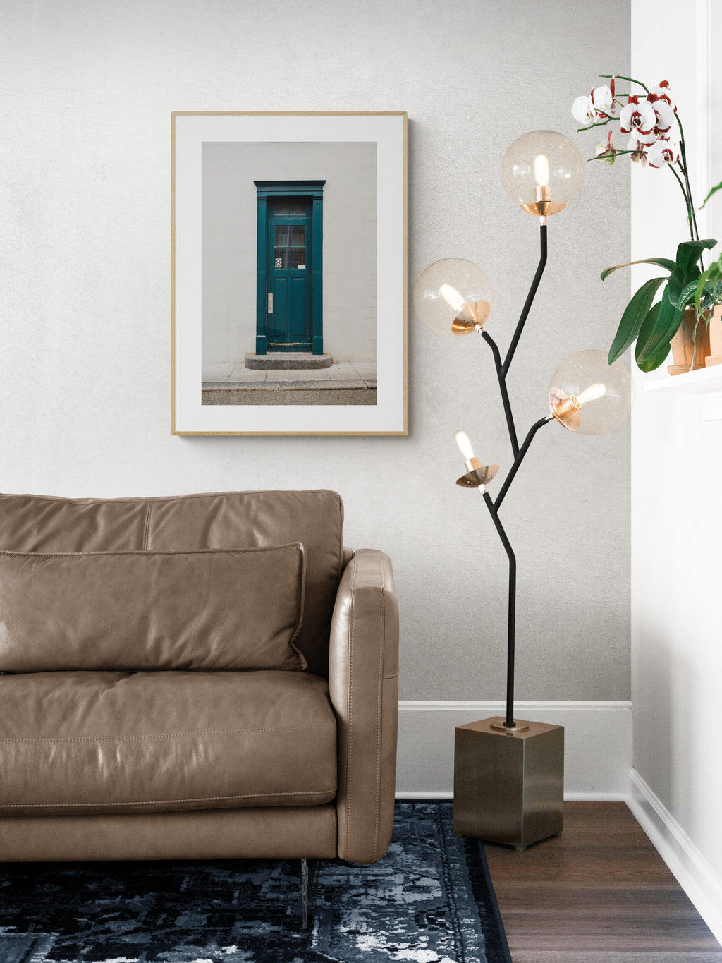 Photograph of Teal Blue Wood Door Photograph of quebec city canada as wall art in a living room corner