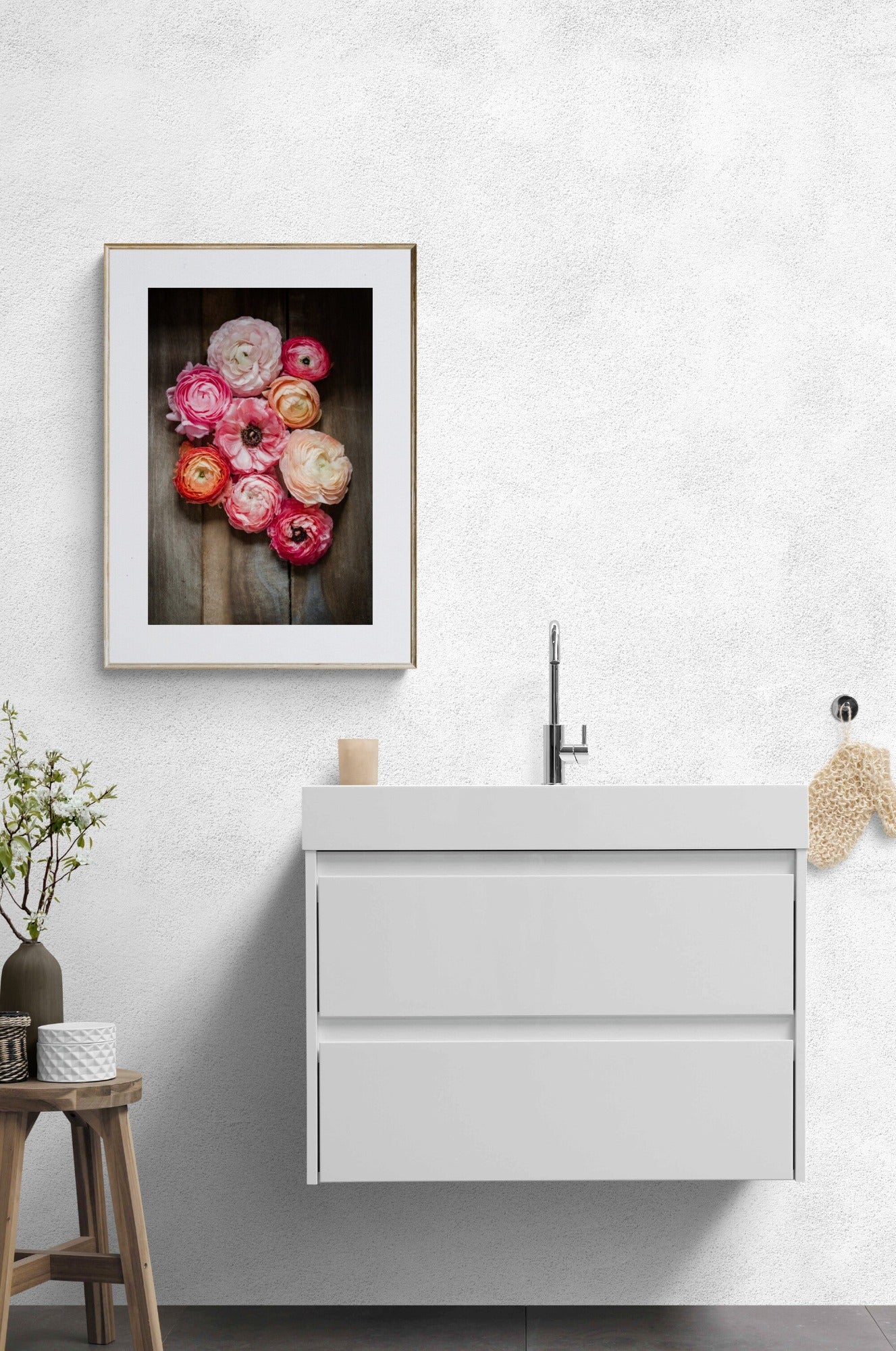 ranunculus flowers photograph print with shades of pinks in a bathroom as wall art