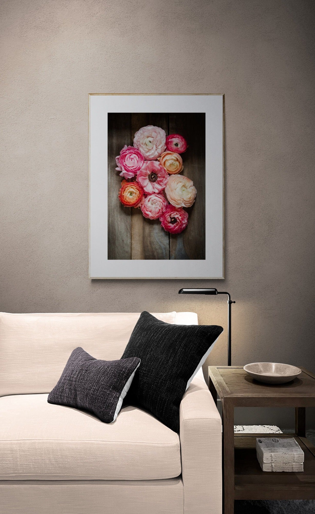 ranunculus flowers photograph of shades of pink in a living room as wall art