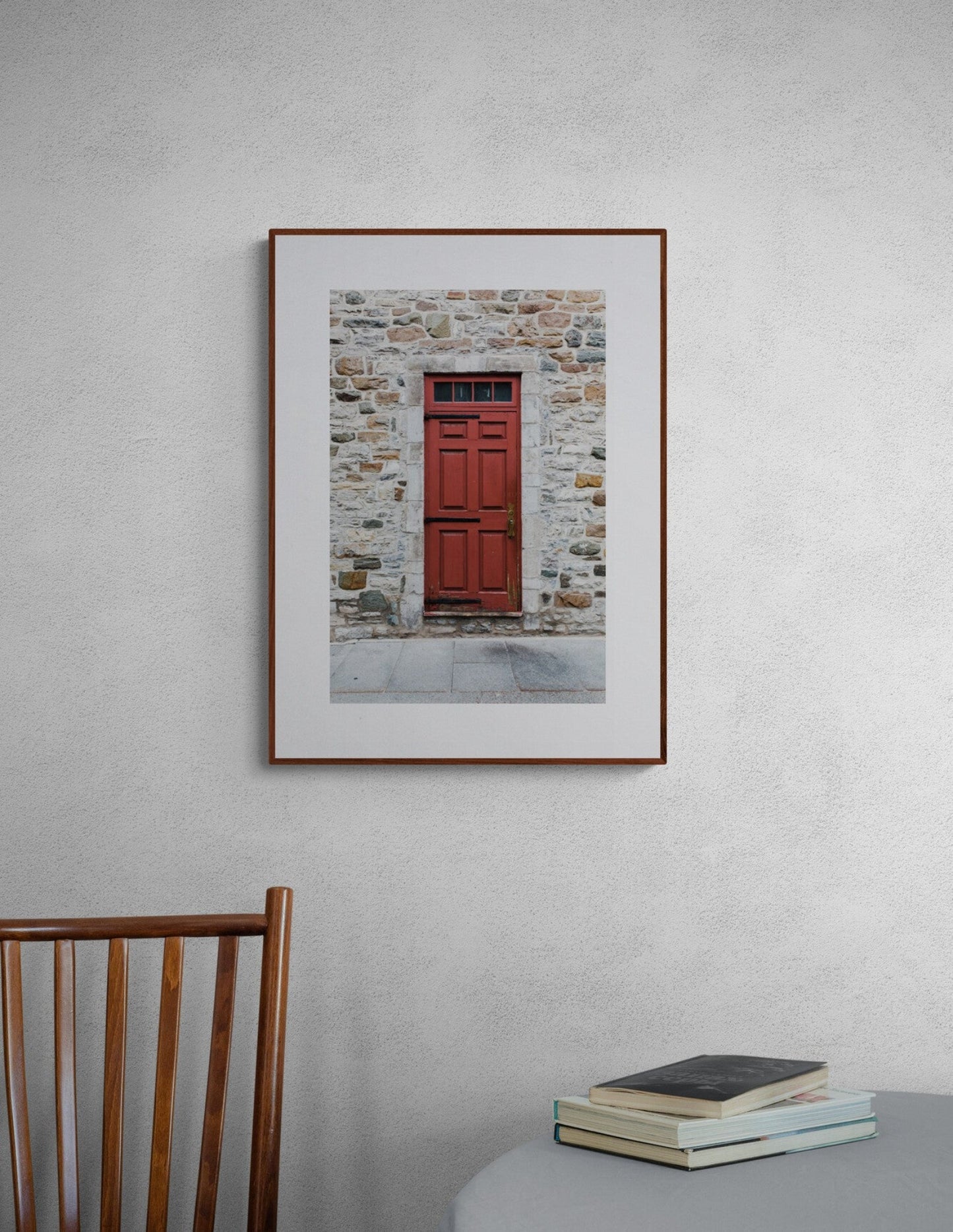 Weathered Red Wood Door of Quebec CIty Photograph Print in a dining room