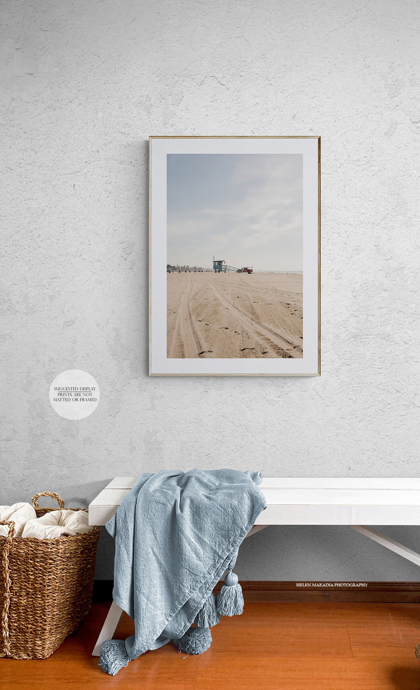 Santa Monica Lifeguard Tower Framed Photograph as Wall Art Print over a Bench in an Entryway