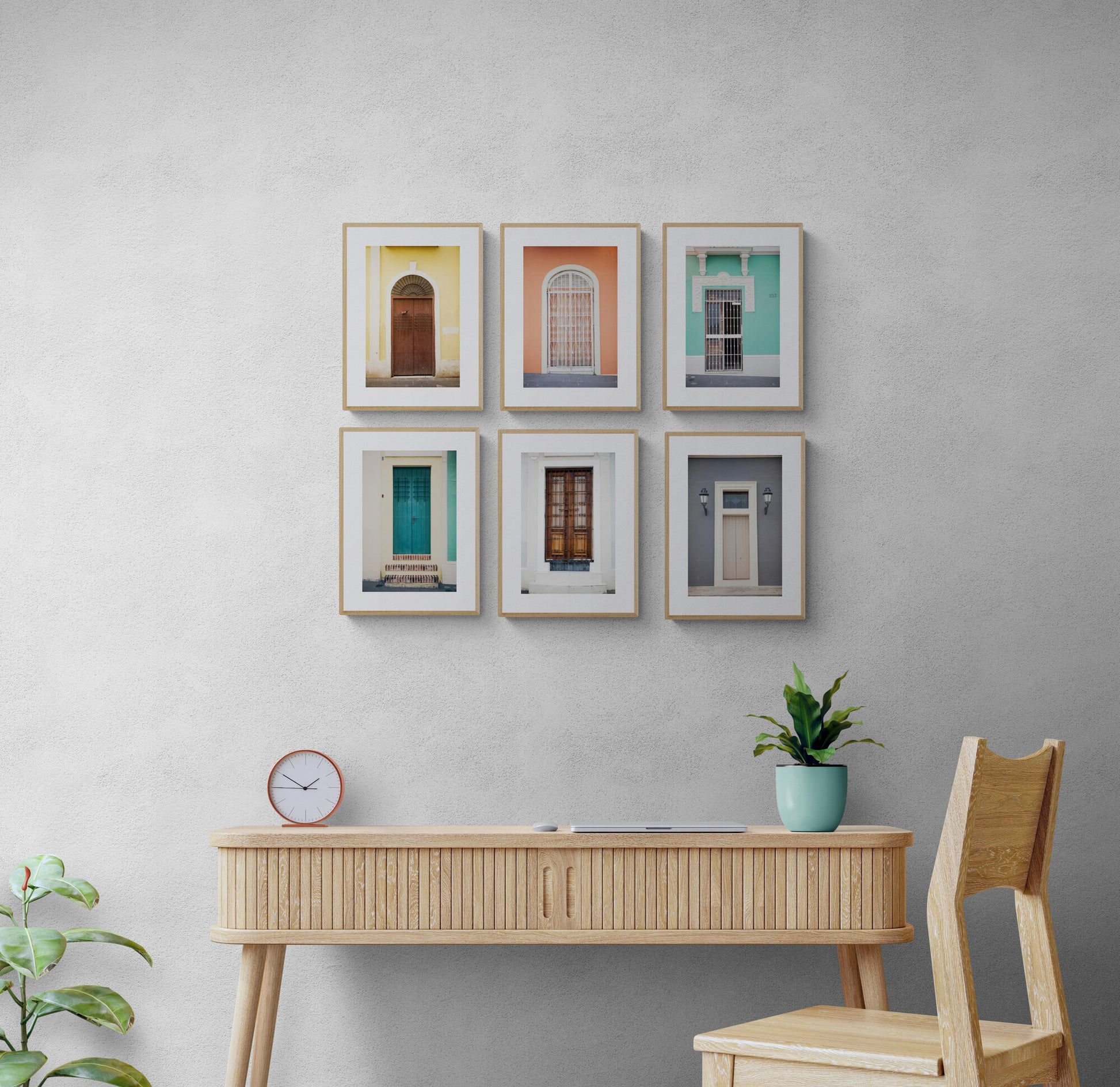 Set of 6 photographs of puerto rico doors as wall art in an office