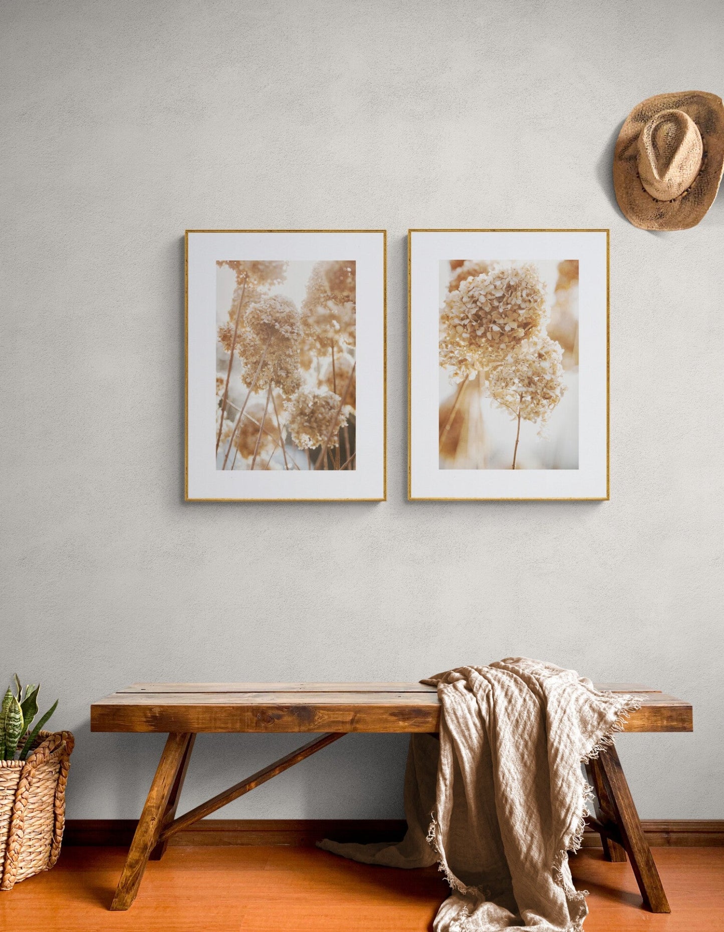 Set of two wall art photographs of winter hydrangeas in a hallway