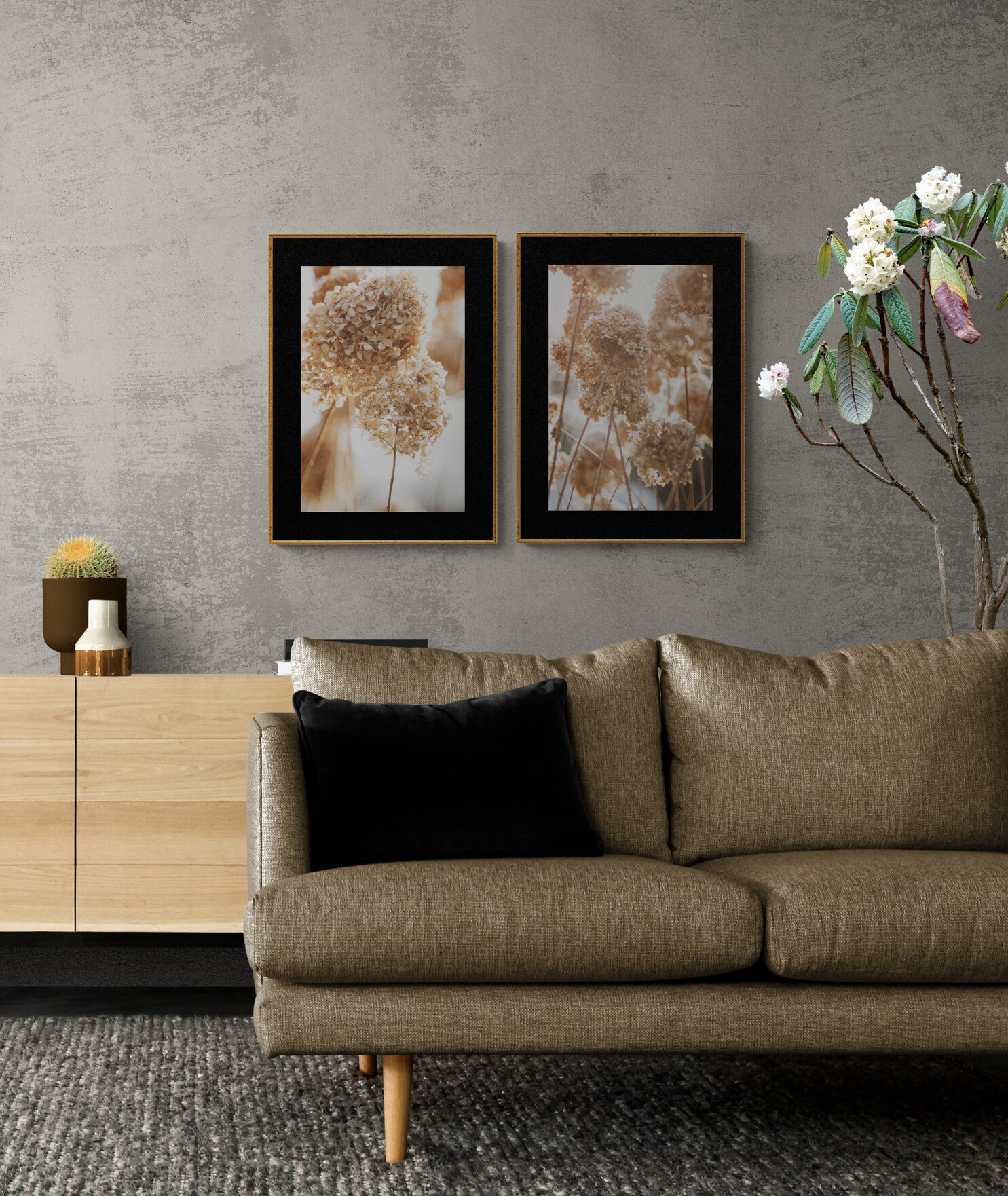 Set of two wall art photographs of winter hydrangeas in a living room