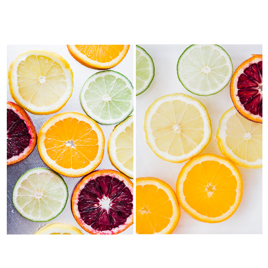 Set of 2 Photograph of slices of citrus including oranges, blood oranges, lemons and limes
