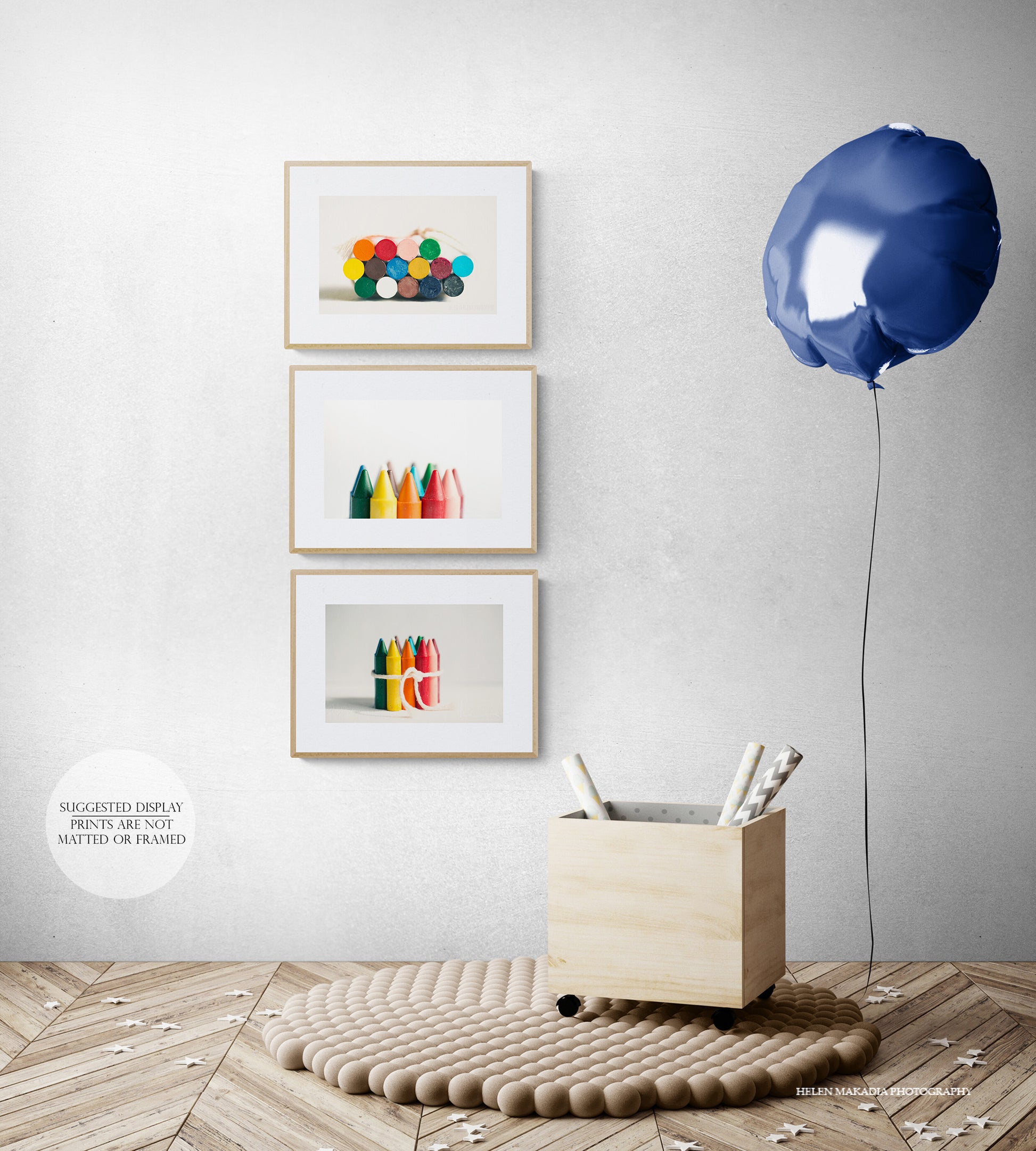 Three Framed Photograph Prints of Crayons in a Playroom as Wall Art
