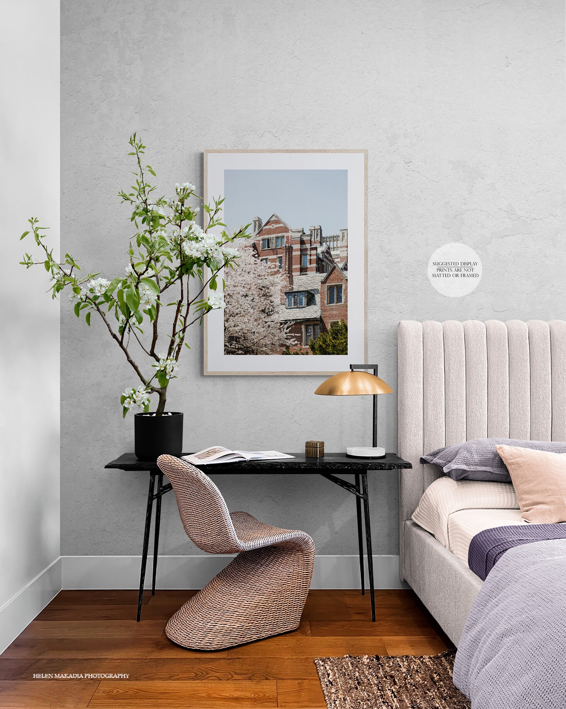 Severance and Tower Court Halls in Springtime Photograph as Framed Wall Art in a Desk and Bedroom