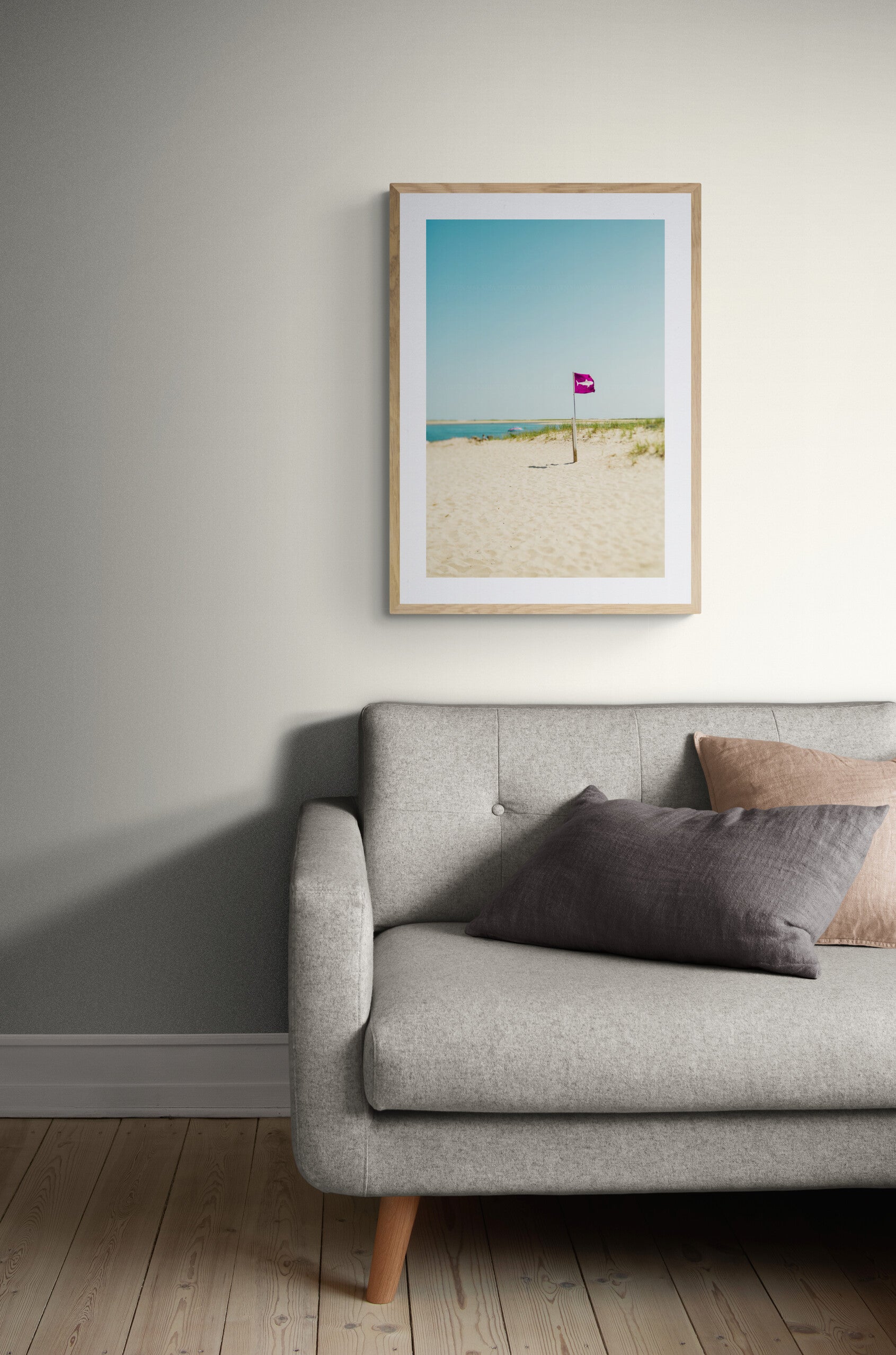Shark flag photograph on cape cod beach as wall art in a living room