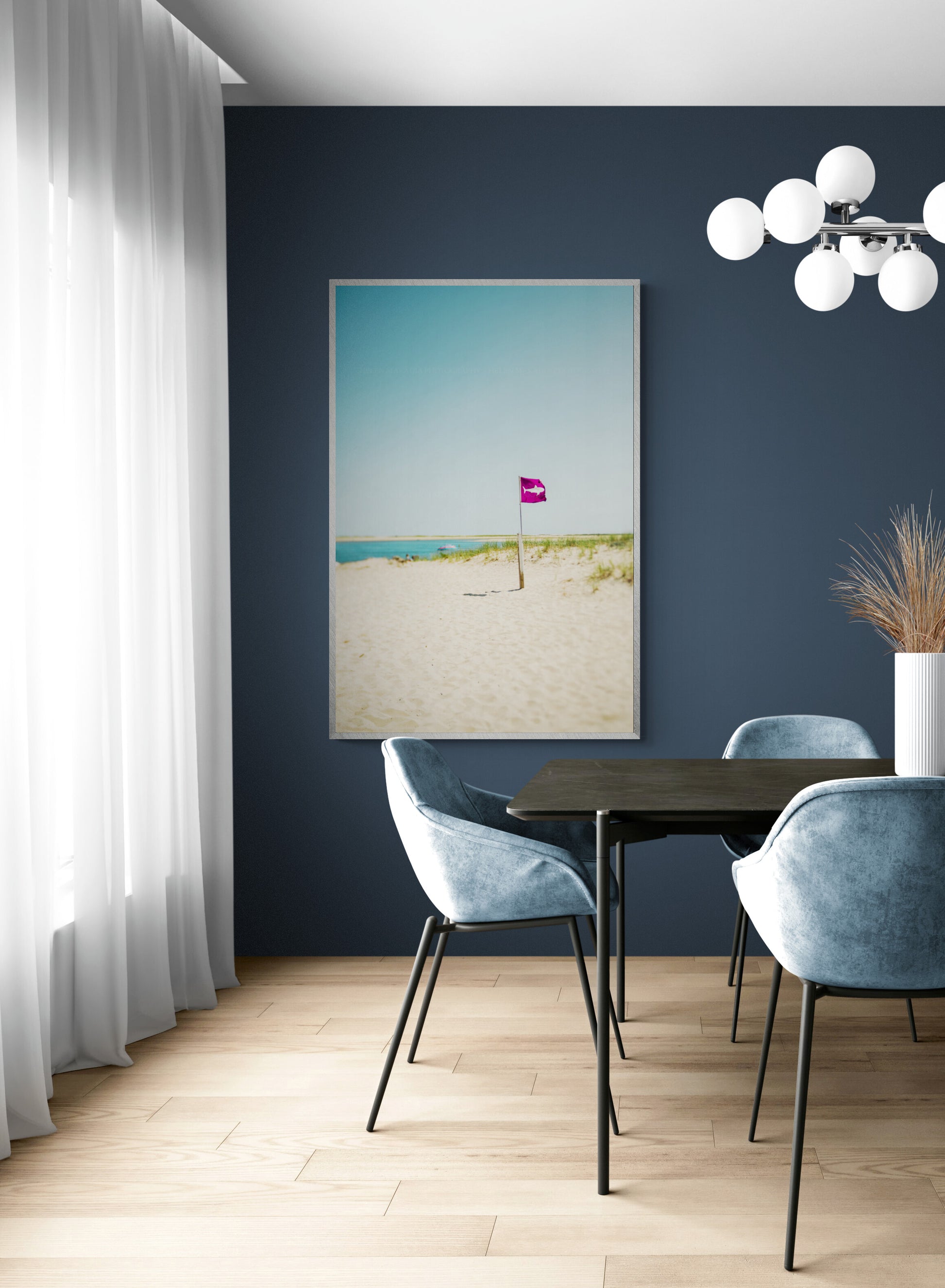 Shark flag photograph on cape cod beach as wall art in a dining room
