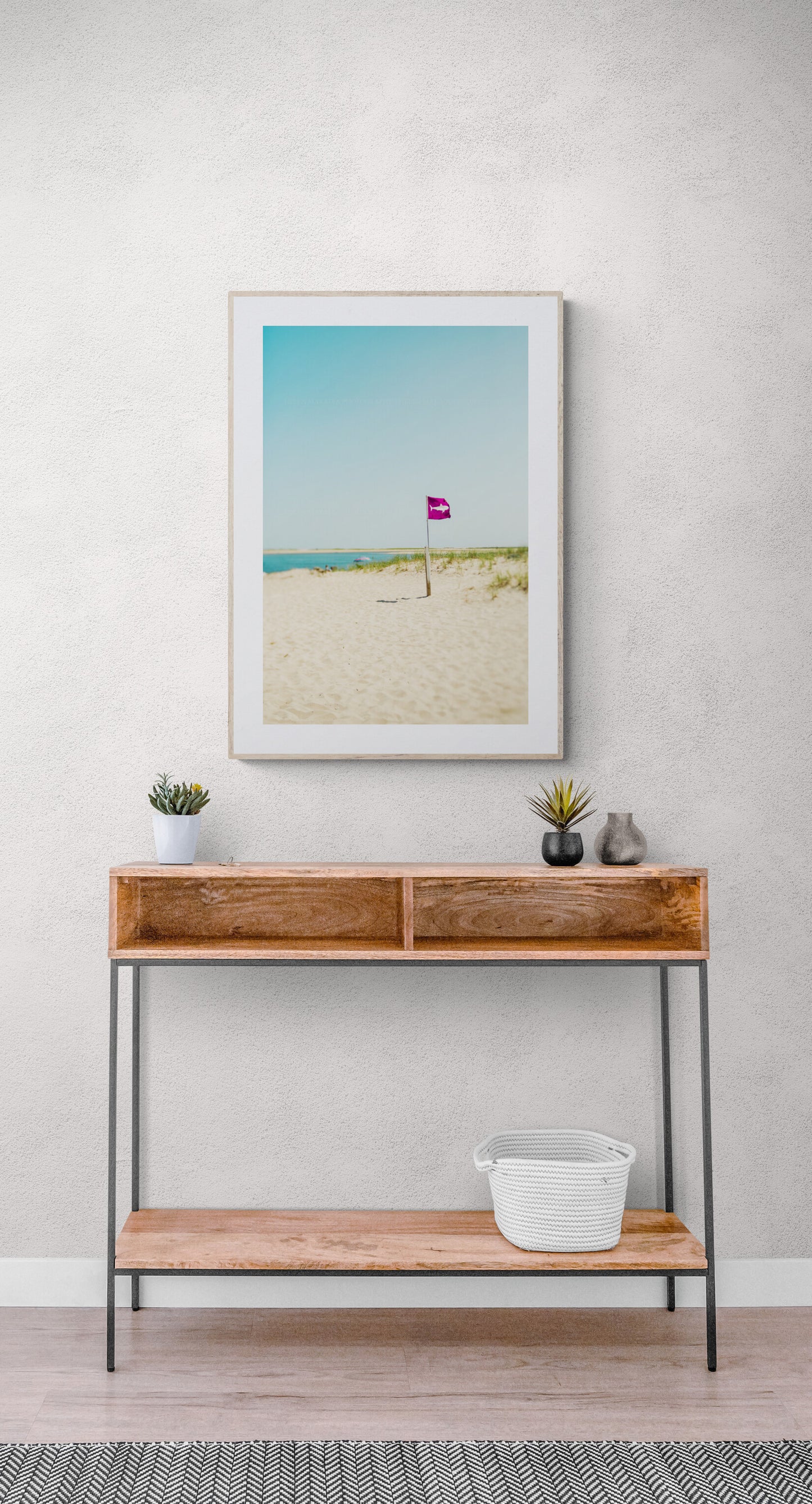 Shark flag photograph on cape cod beach as wall art in an entryway