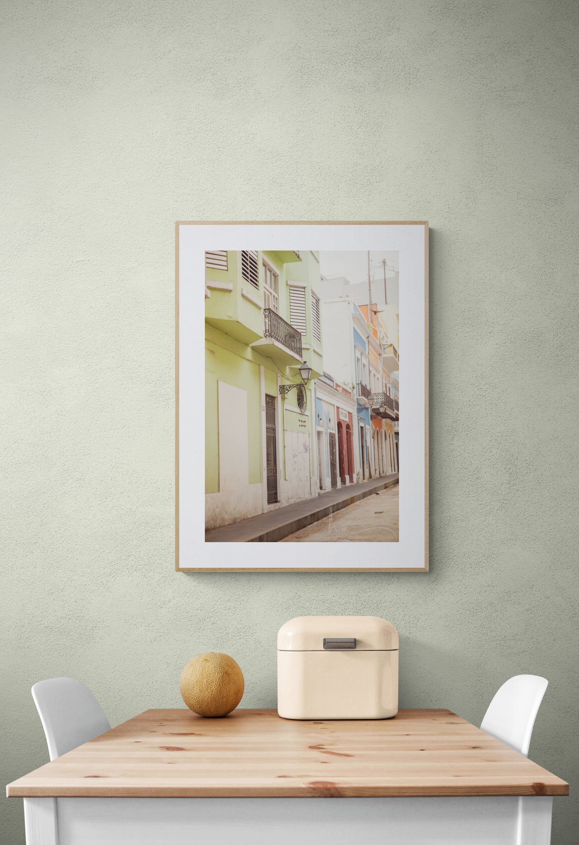 Framed Photograph of the Street of Old San Juan Puerto Rico in a kitchen