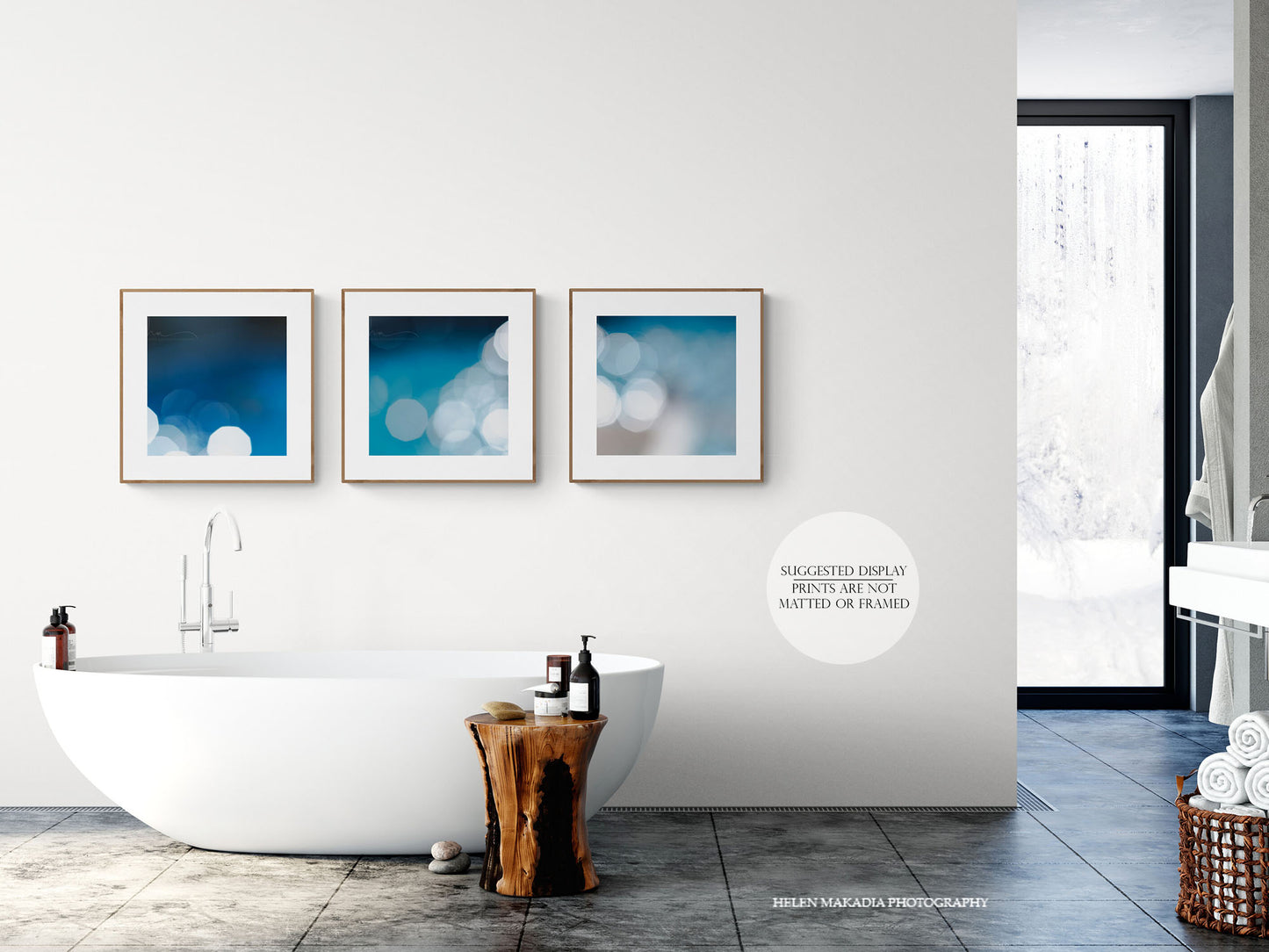 Three Blue Abstract Photographs as Bathroom Wall Art