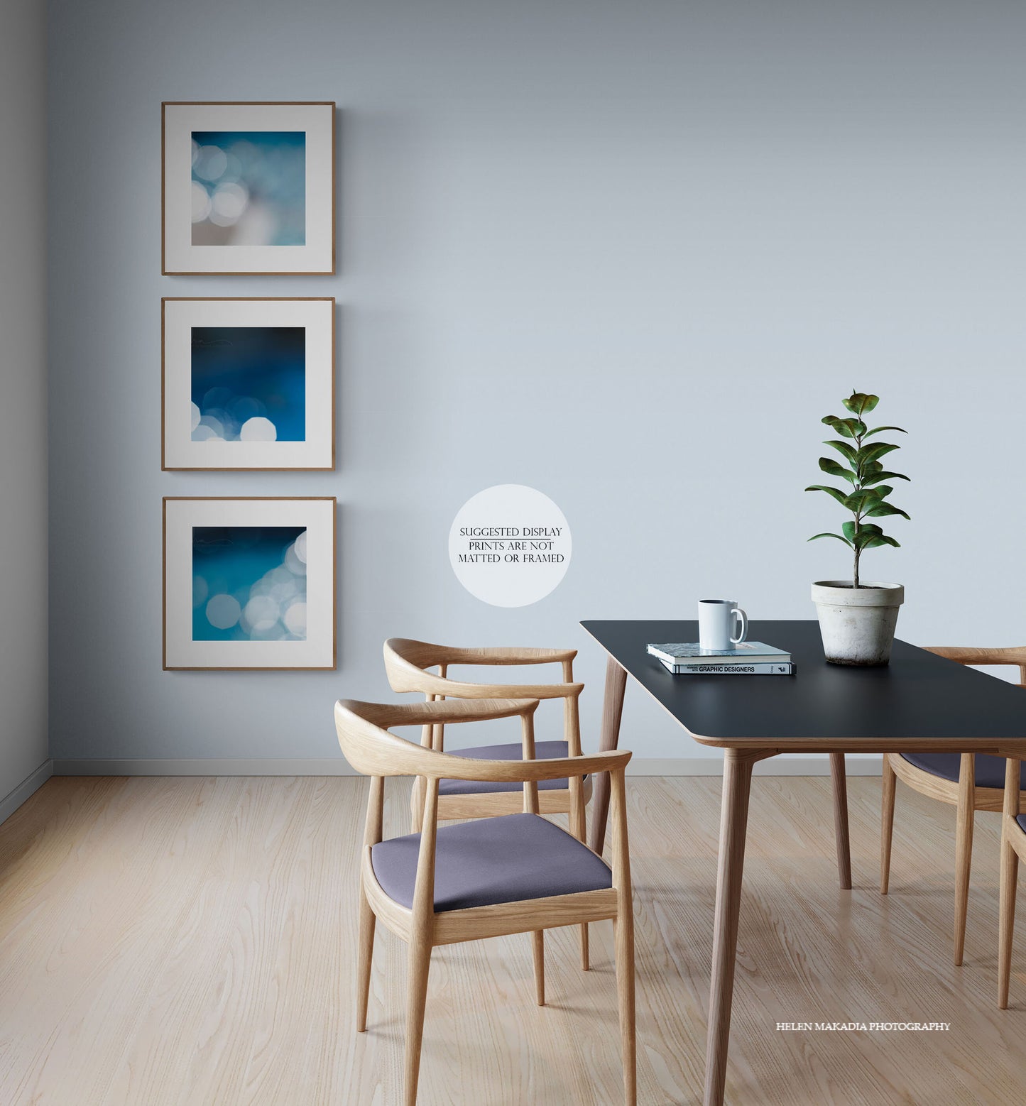 Three Blue Abstract Photographs as Wall Art in Dining Room