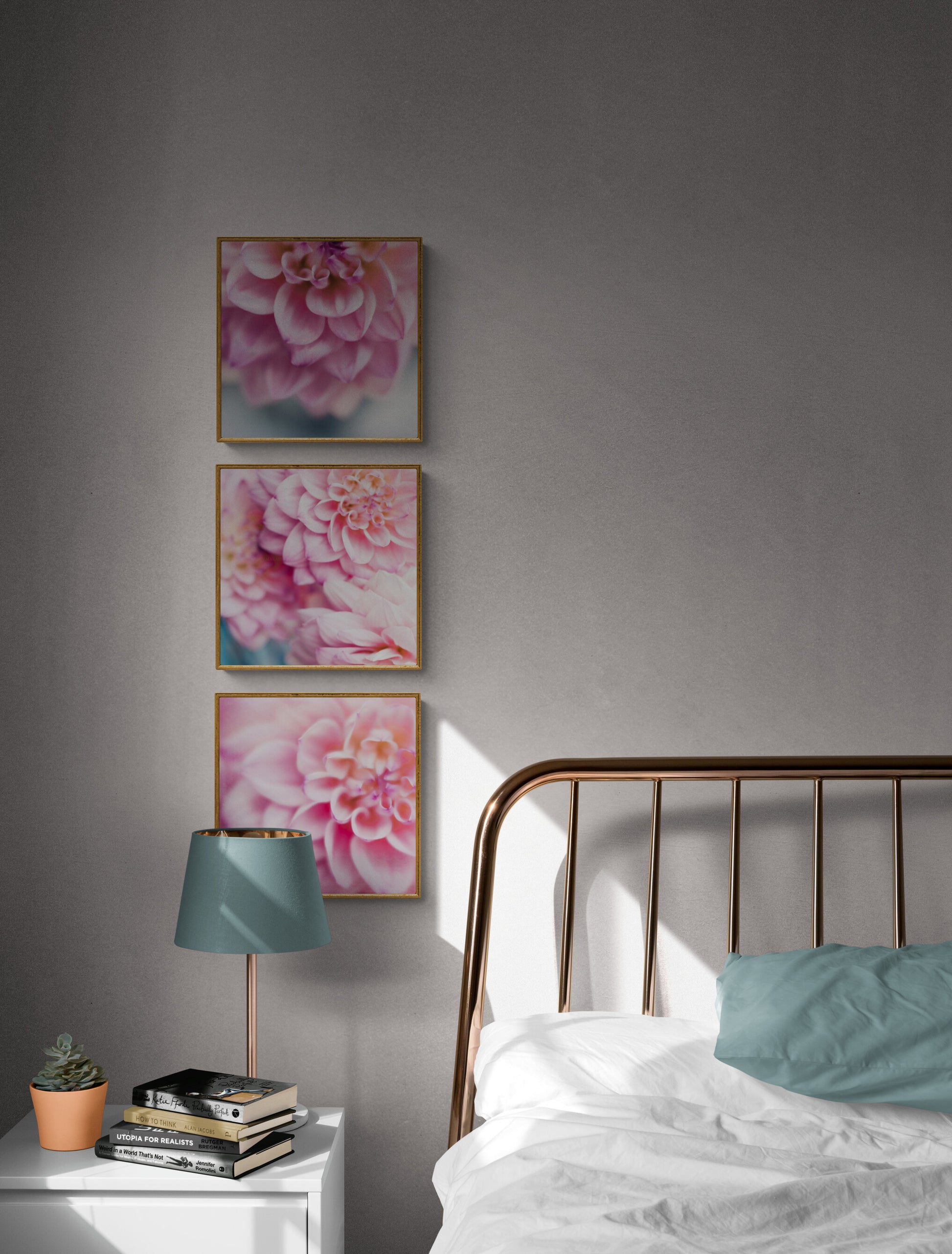 Three Square Dahlia Wall Art Photograph in a Bedroom
