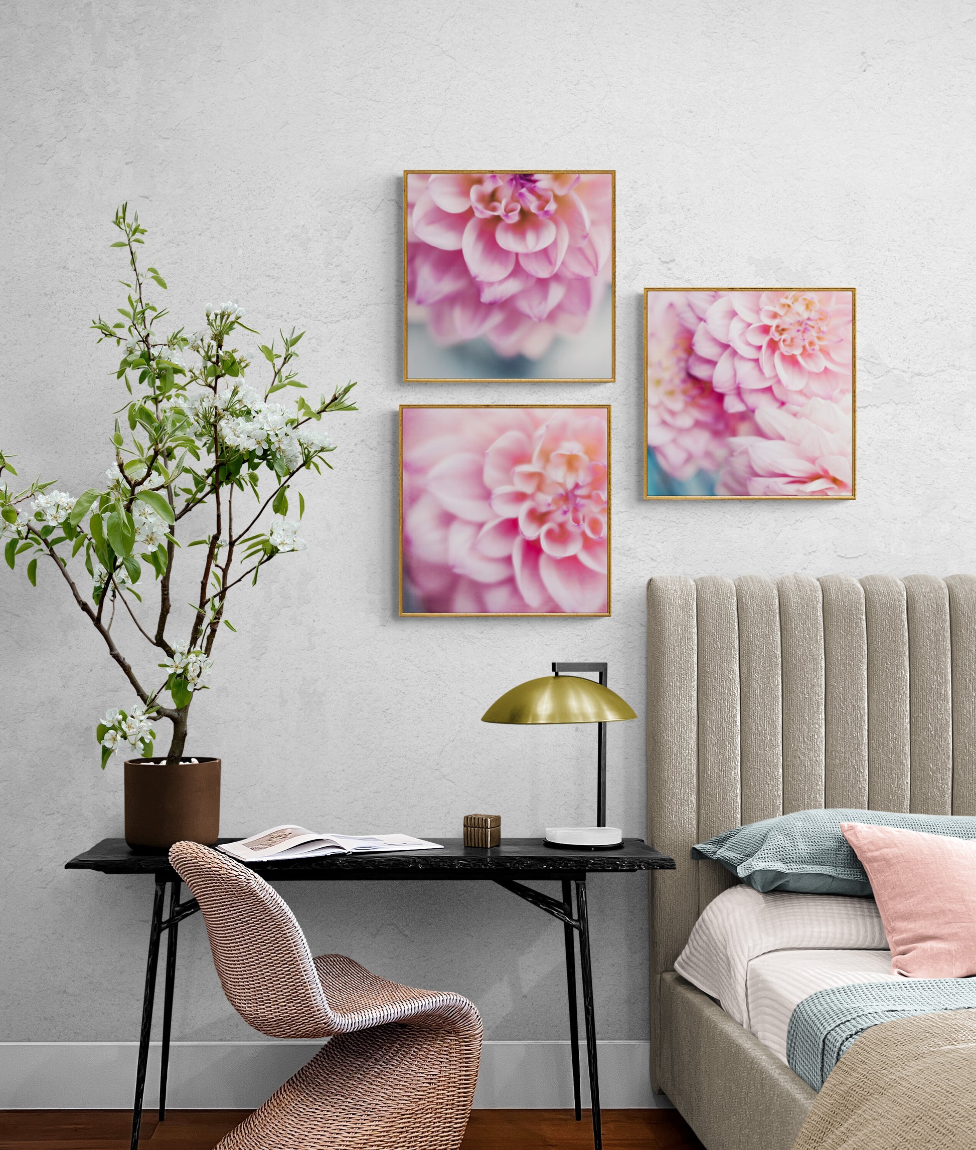 Three Square Dahlia Wall Art Photograph in a Bedroom