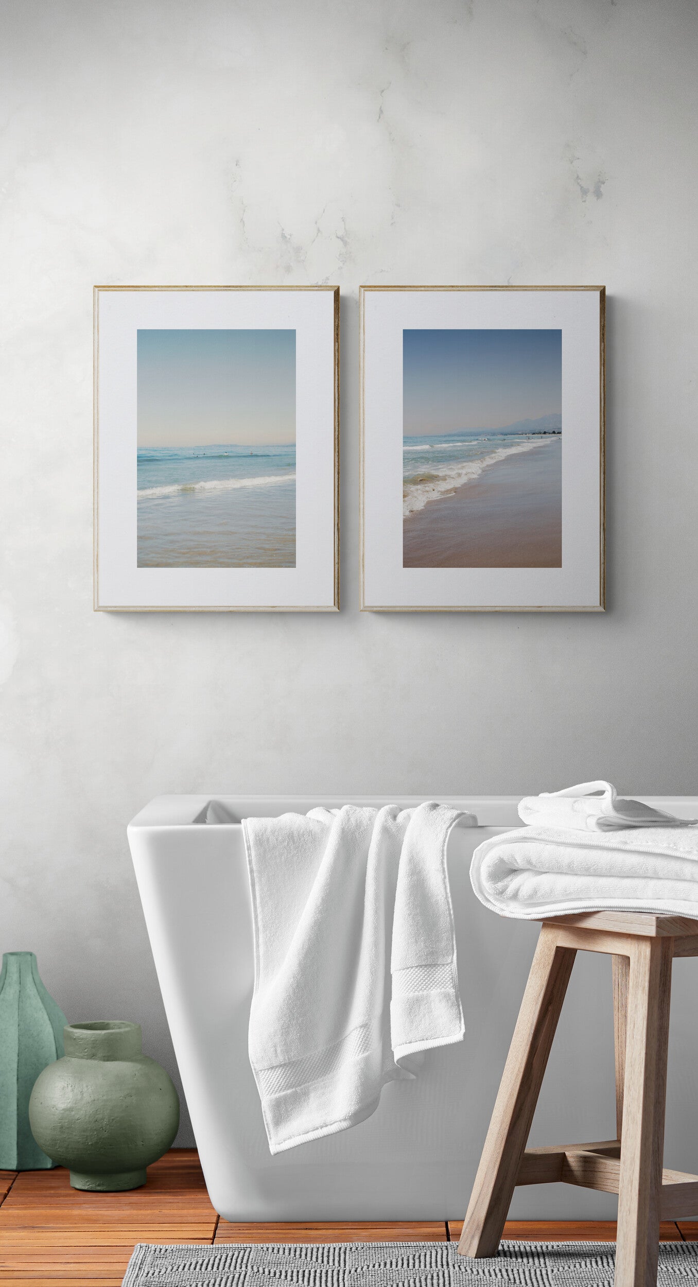 Two photographs of carpinteria state beach california photograph beach as wall art in a bathroom