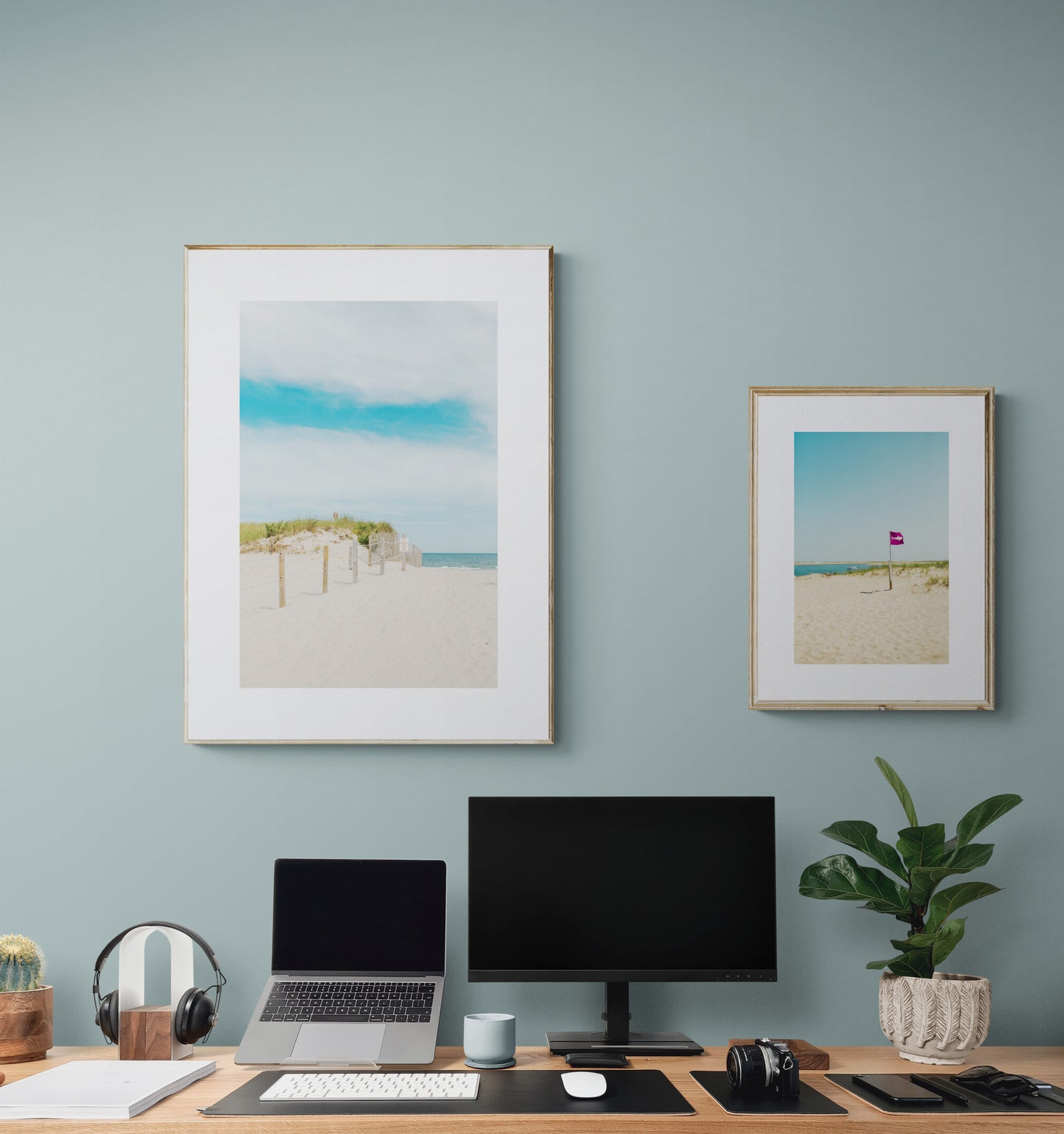 Two photographs of cape cod in a home office as wall art