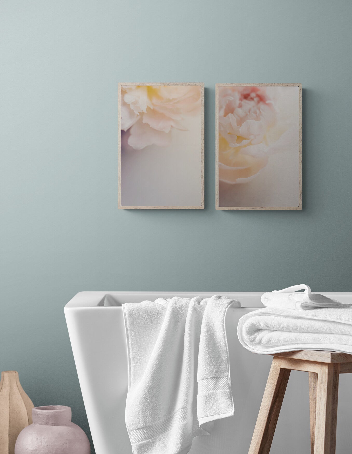 Two Pink peony photograph prints in a bathroom as wall art