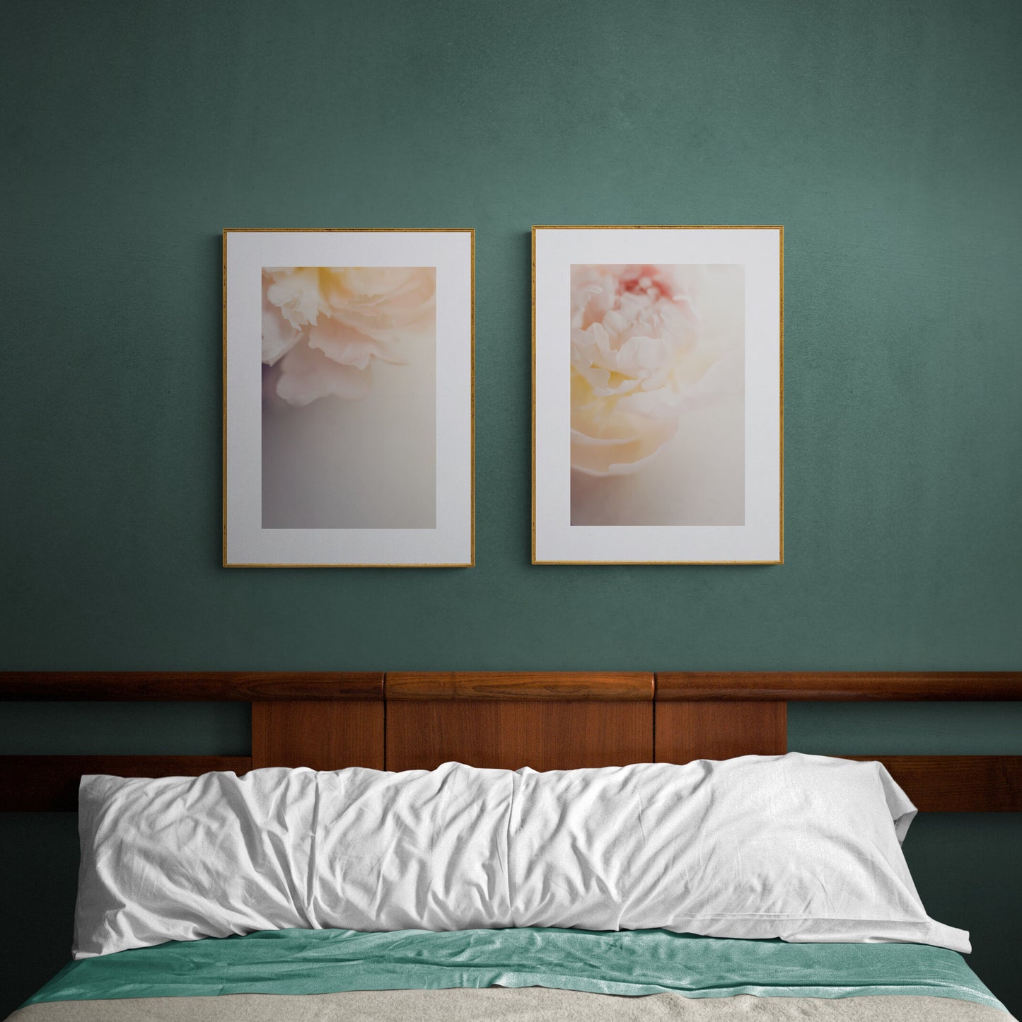 Two pink peonies photograph prints as wall art in a bedroom