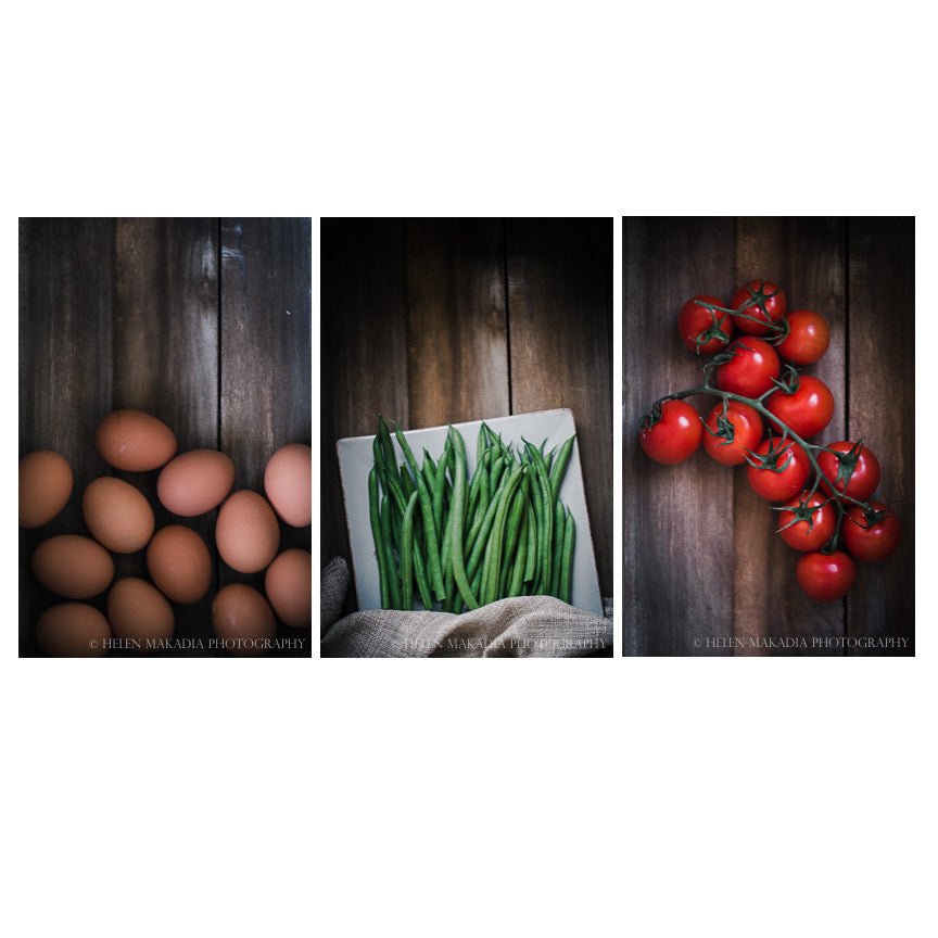 Kitchen Print Set with Eggs, Green Bean and Tomatoes