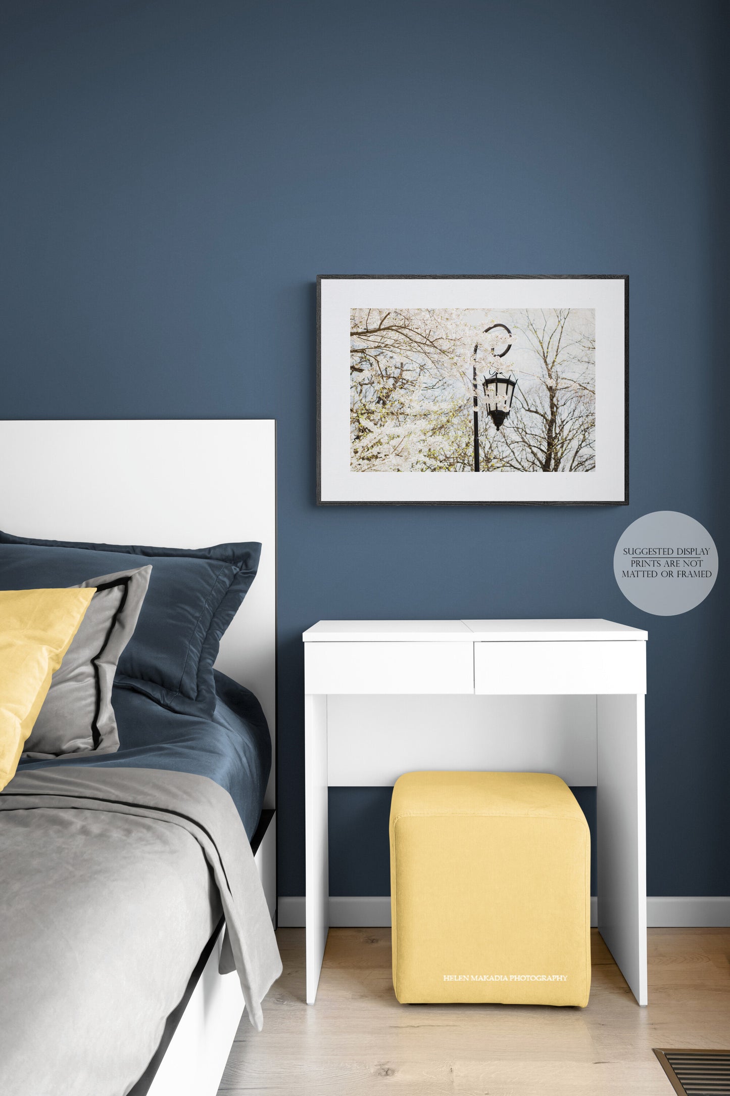 Framed Photograph of Wellesley College Lantern amongst white blossoms in springtime in a bedroom
