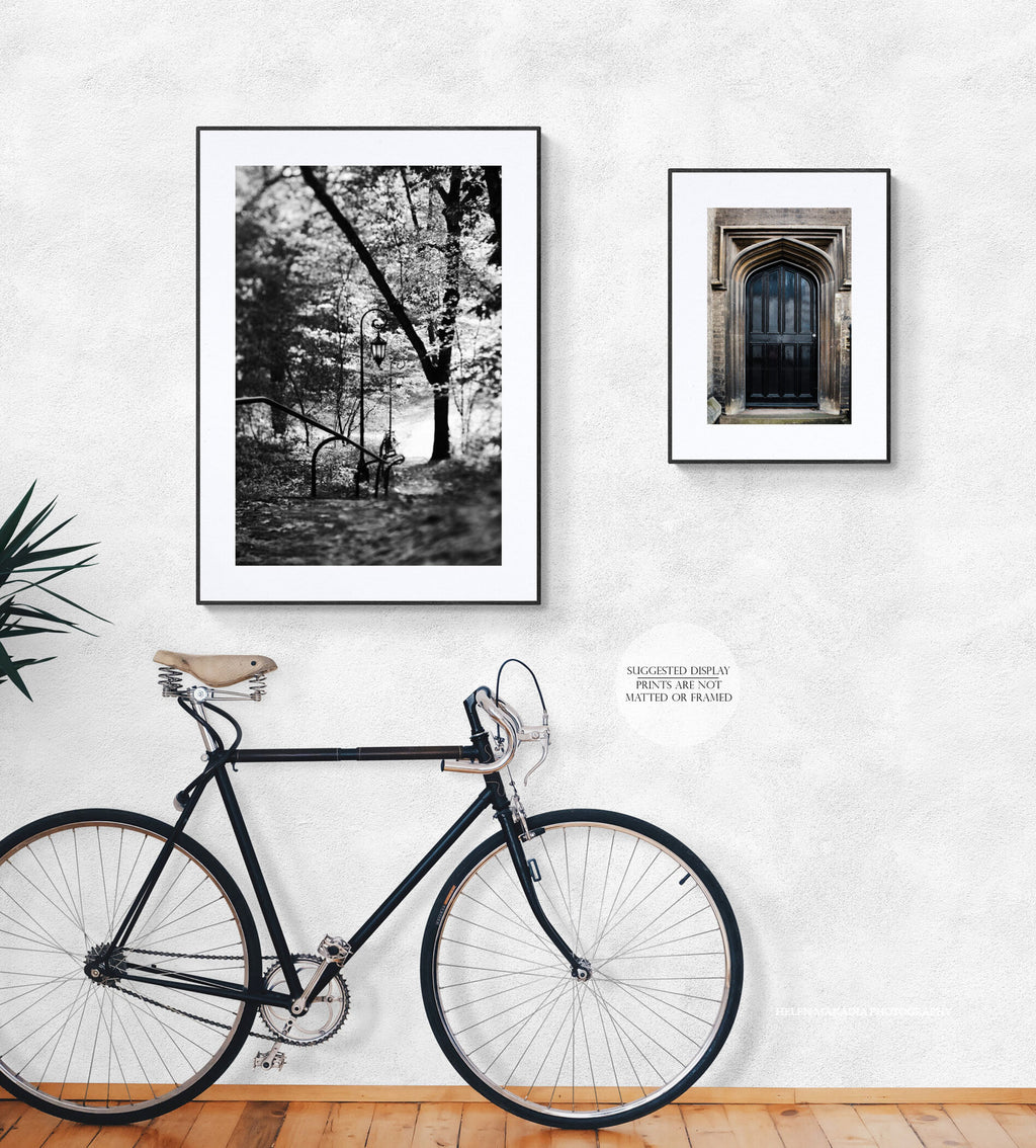 Framed Black and white photograph of a staircase and path at Wellesley College, in an entryway