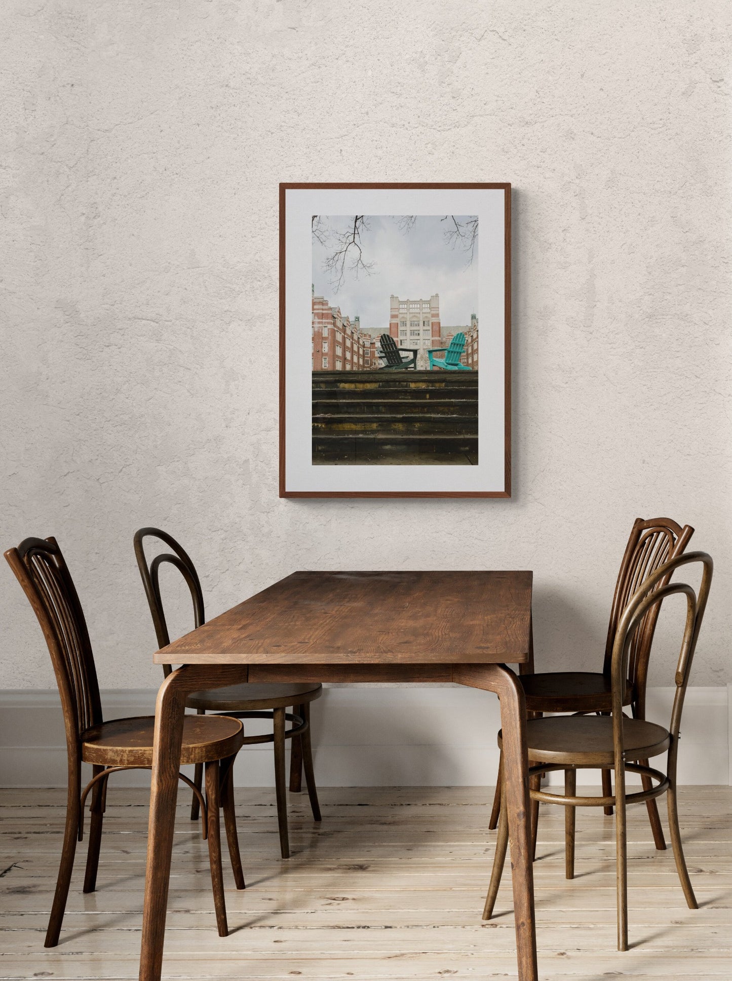 Wellesley College Photograph of Tower Courtyard with Adirondack chairs in a dining room as wall art