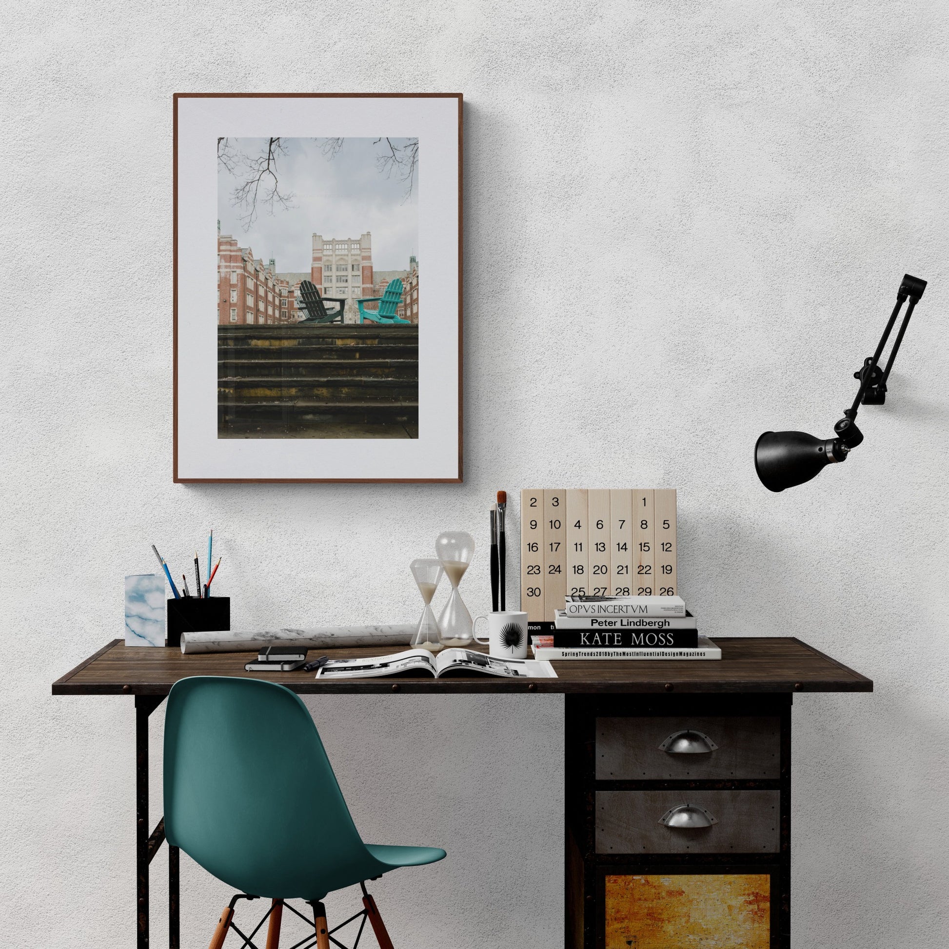 Wellesley College Photograph of Tower Courtyard with Adirondack chairs in a home office desk as wall art
