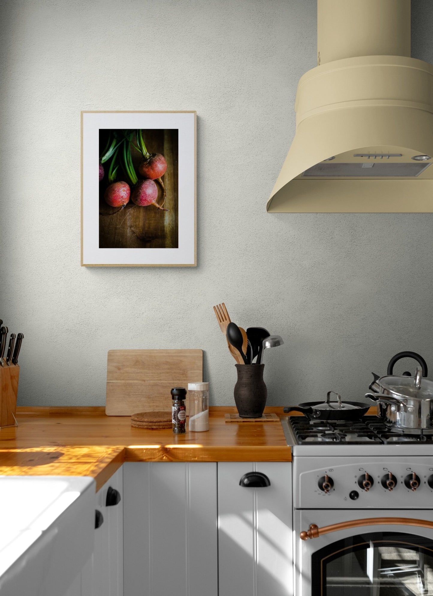 beets photograph print in rustic style in a farmhouse kitchen as wall art