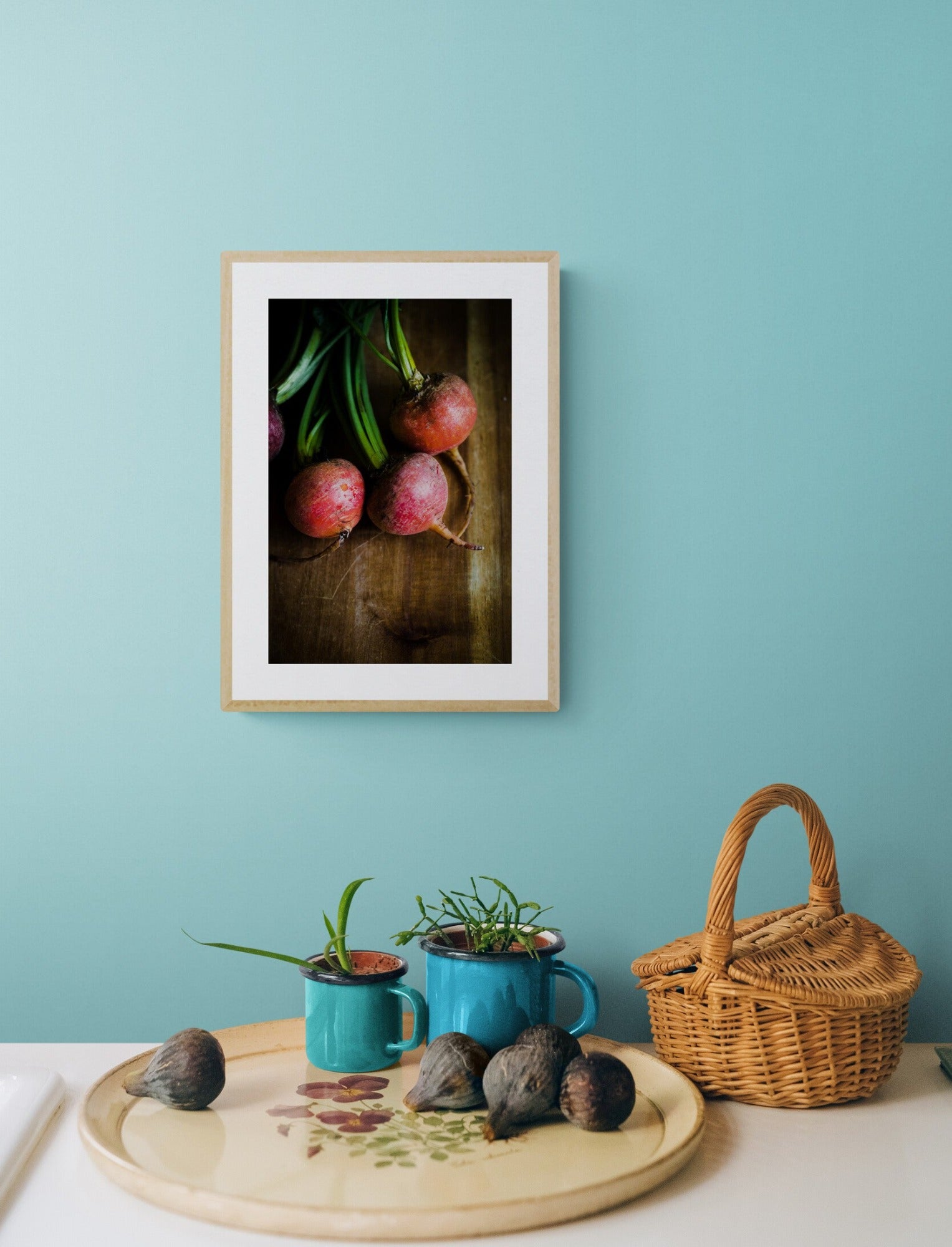 beets photograph print in rustic style on a kitchen counter as wall art