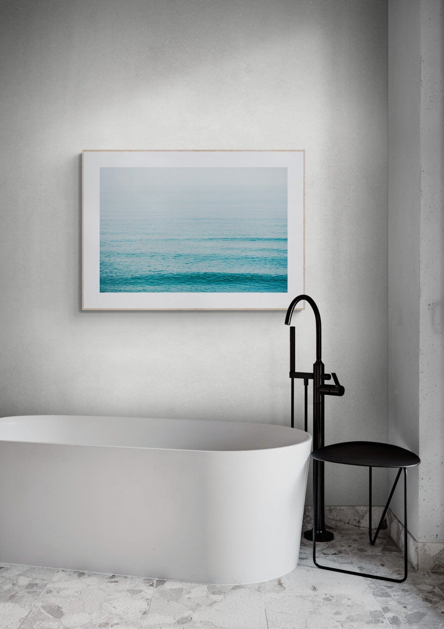cape cod blue atlantic ocean photograph print in a modern gray bathroom
