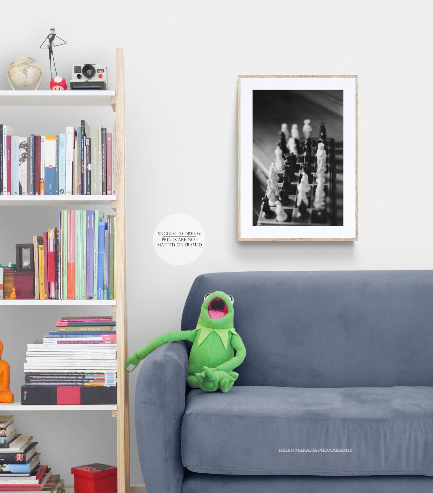 Framed Black & White Photograph of Chess Pieces and Board, in a kid's playroom