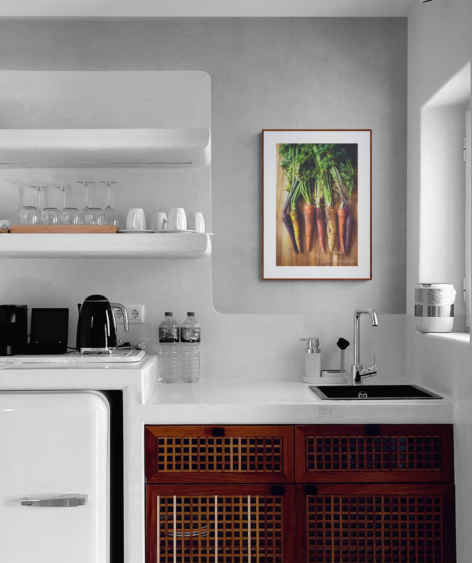 colorful carrots photograph print in a small kitchen