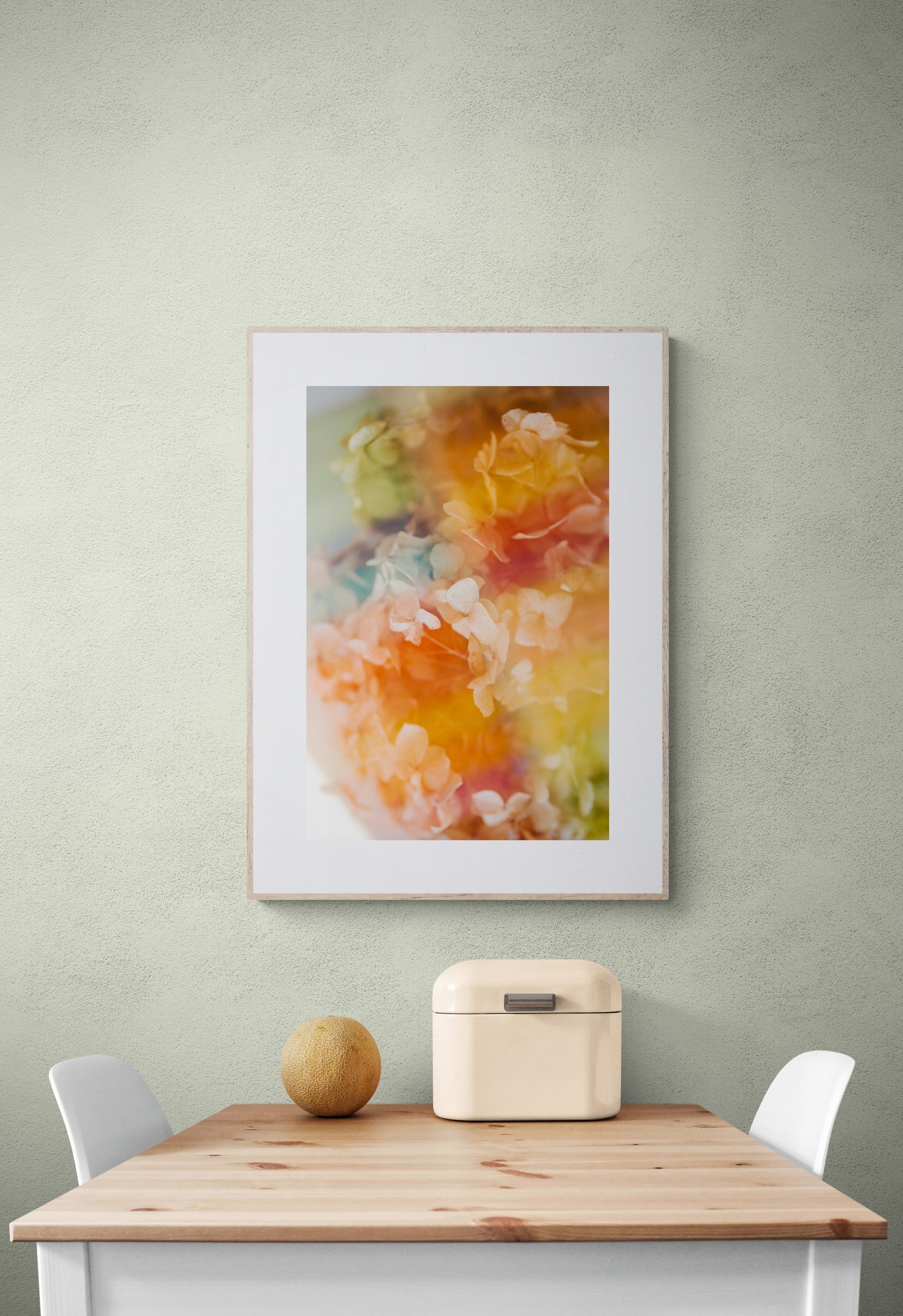 colorful double exposure colors and hyrangea as wall art in a kitchen