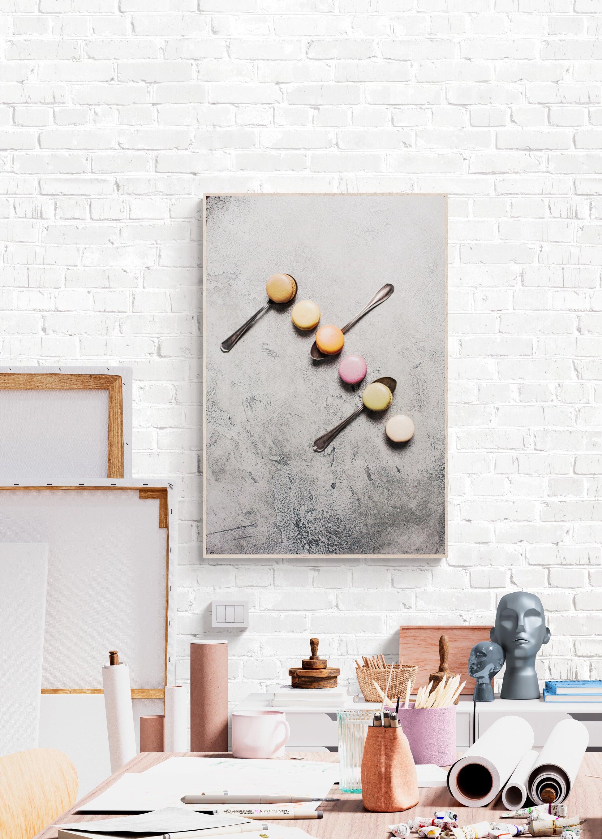 Macarons Photograph as color inspiration in an artists studio