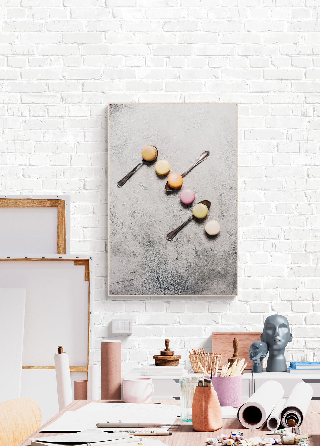 Macarons Photograph as color inspiration in an artists studio
