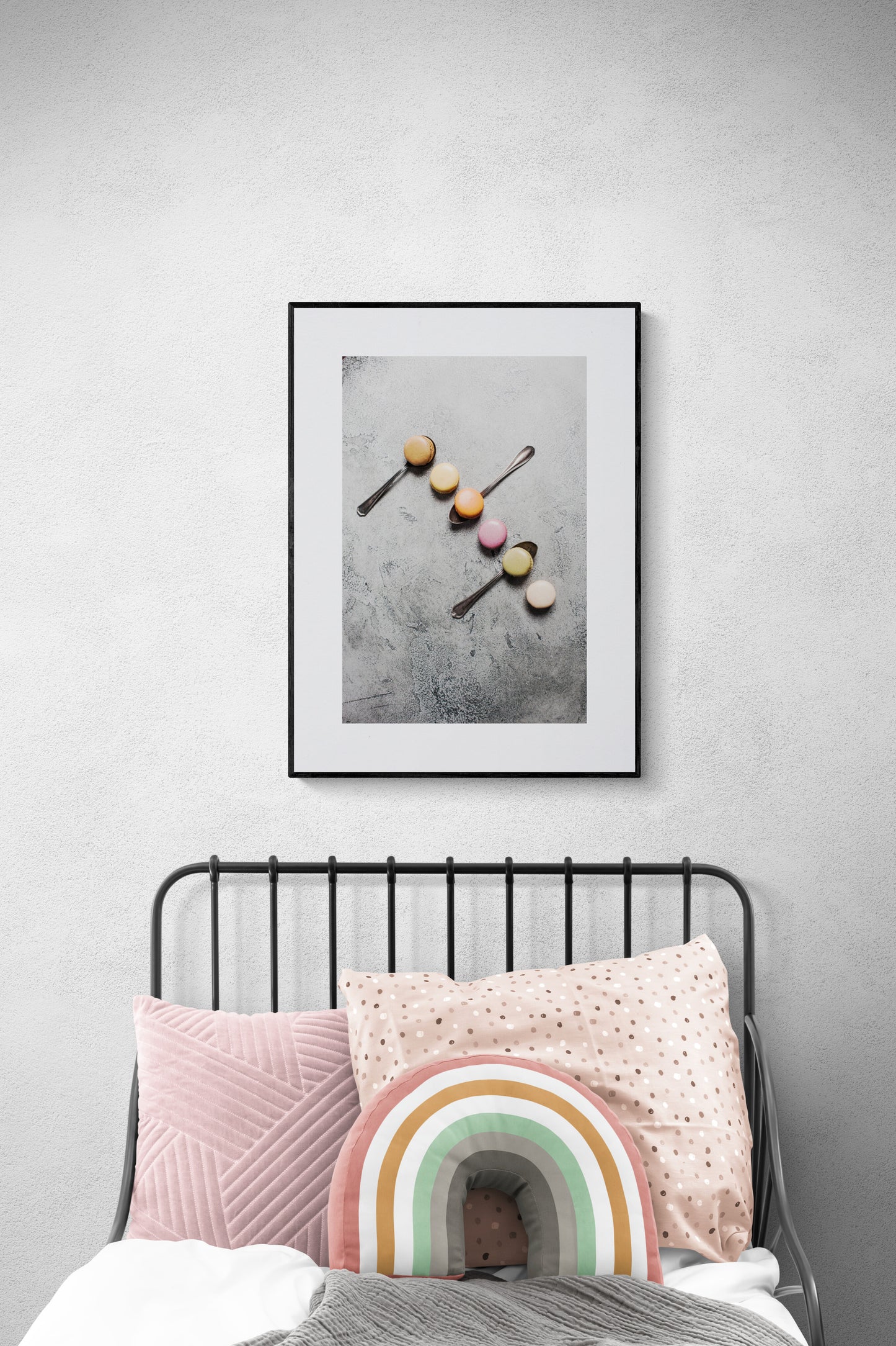 macarons photograph as pastel whimsical print in a childrens bedroom