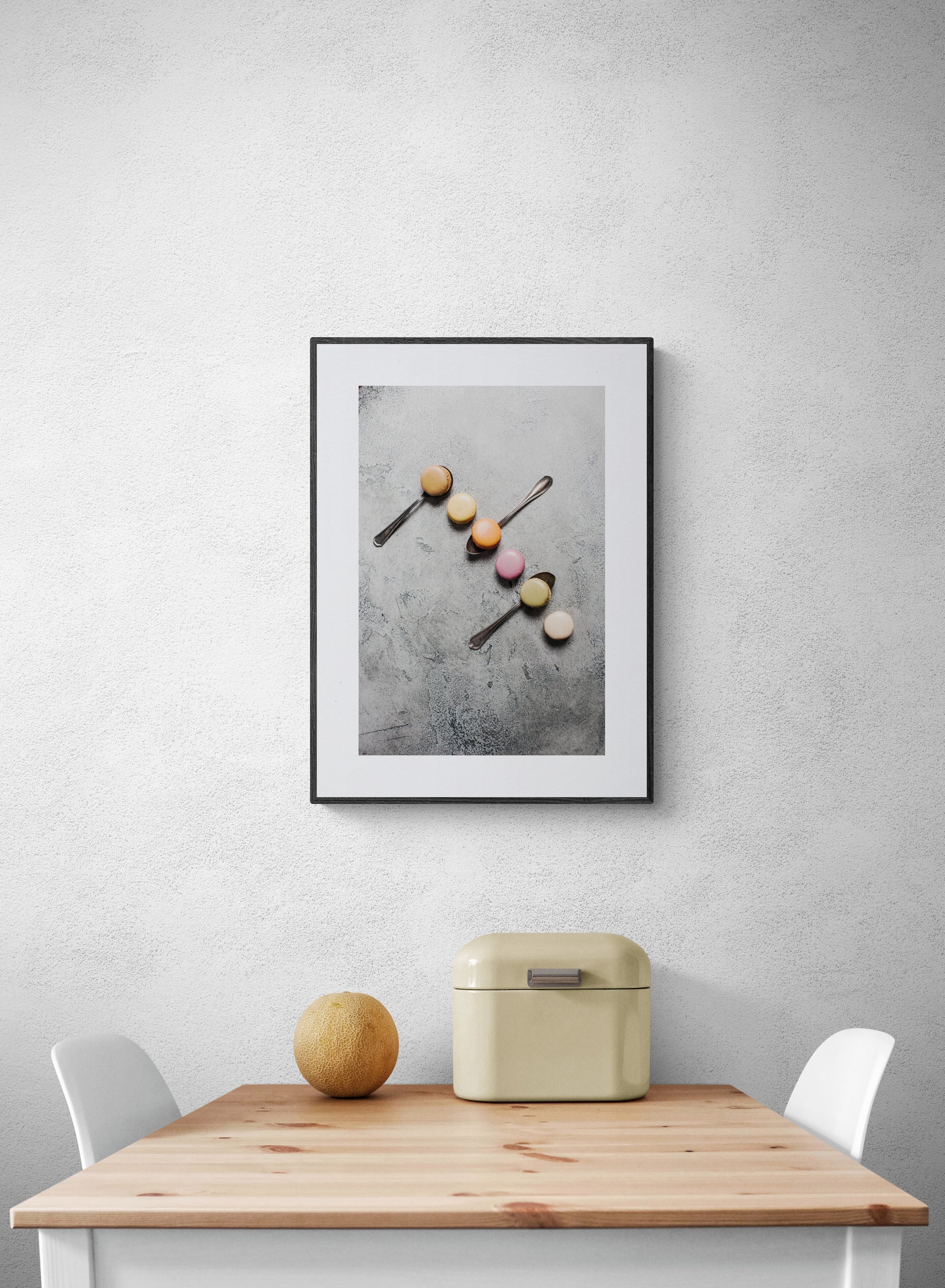 Macarons Photograph Print in a kitchen nook as wall art