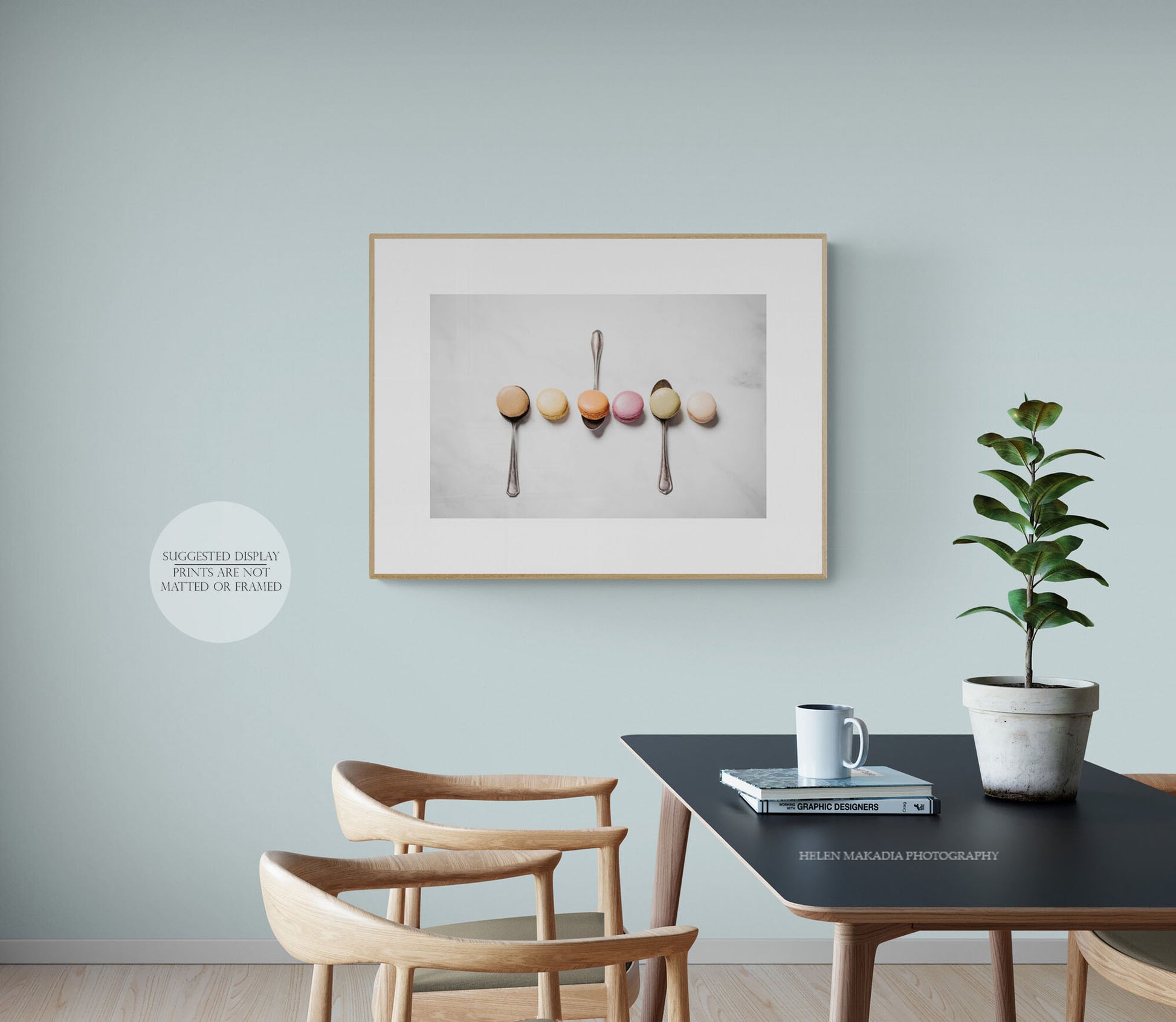 Framed Photograph of Pastel Macarons as Wall Art in a dining room