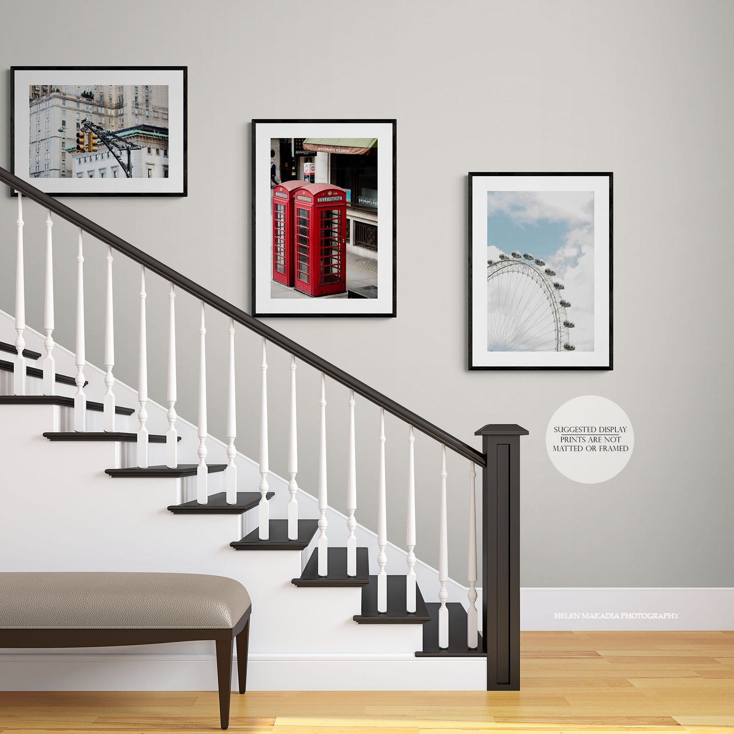 Red Telephone Booths in London Framed along a staircase with other travel photographs