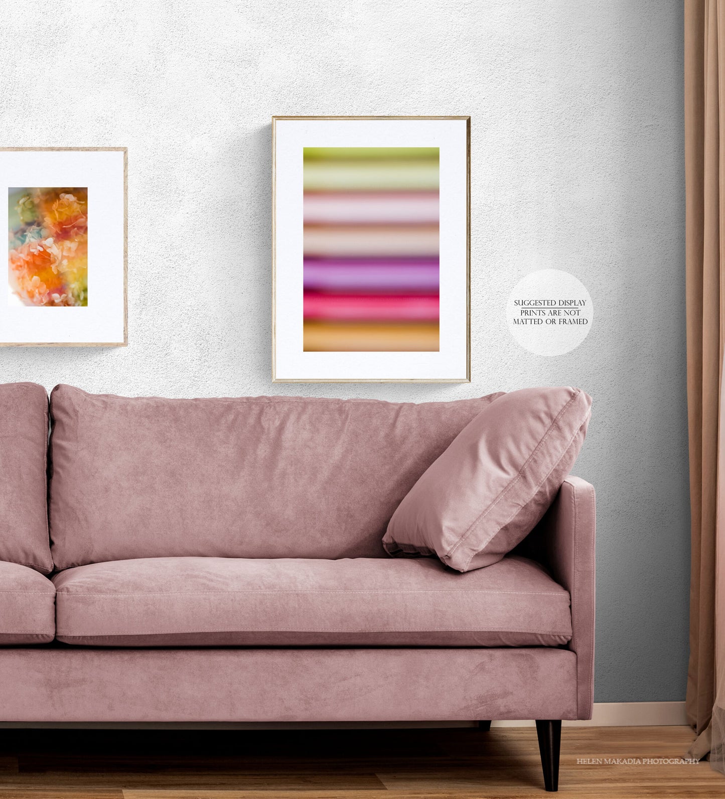 Framed Abstract Photograph of Purples and Pinks in a Living Room with a Pink Couch