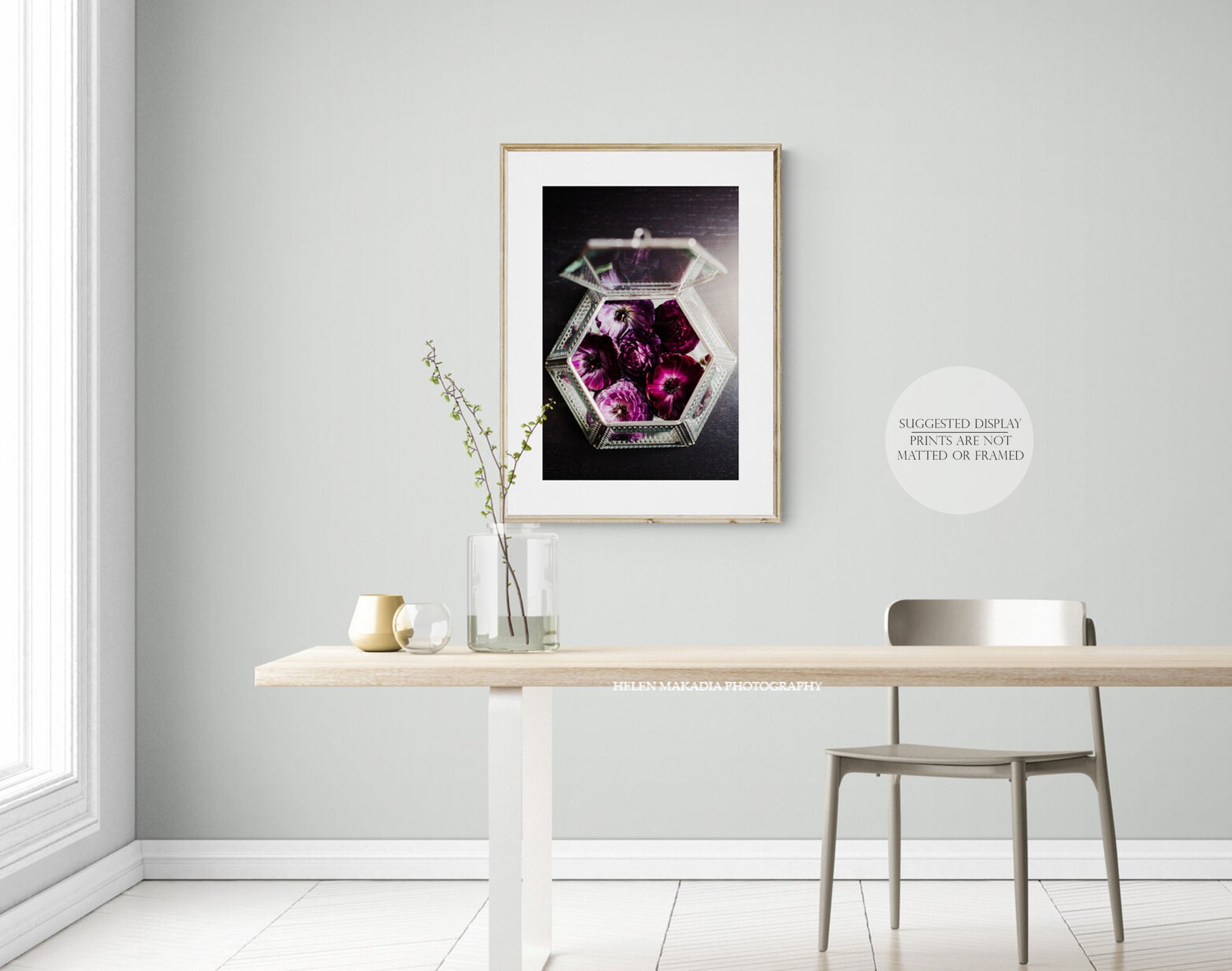 Framed Photograph of Purple Ranunculus in a glass treasure box, in a dining room