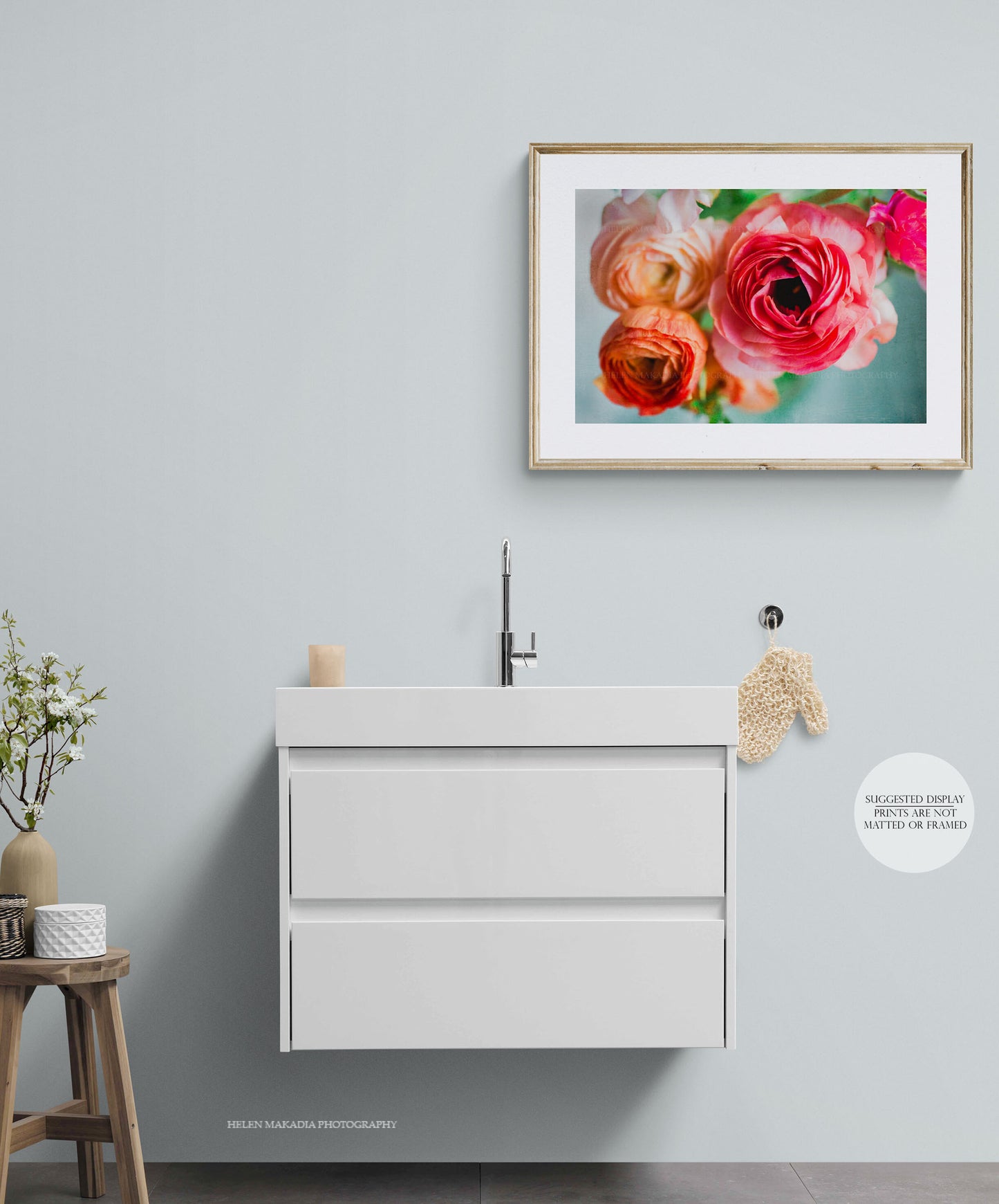 Photograph of Pink and Coral Ranunculus as Wall Art Print in a Bathroom
