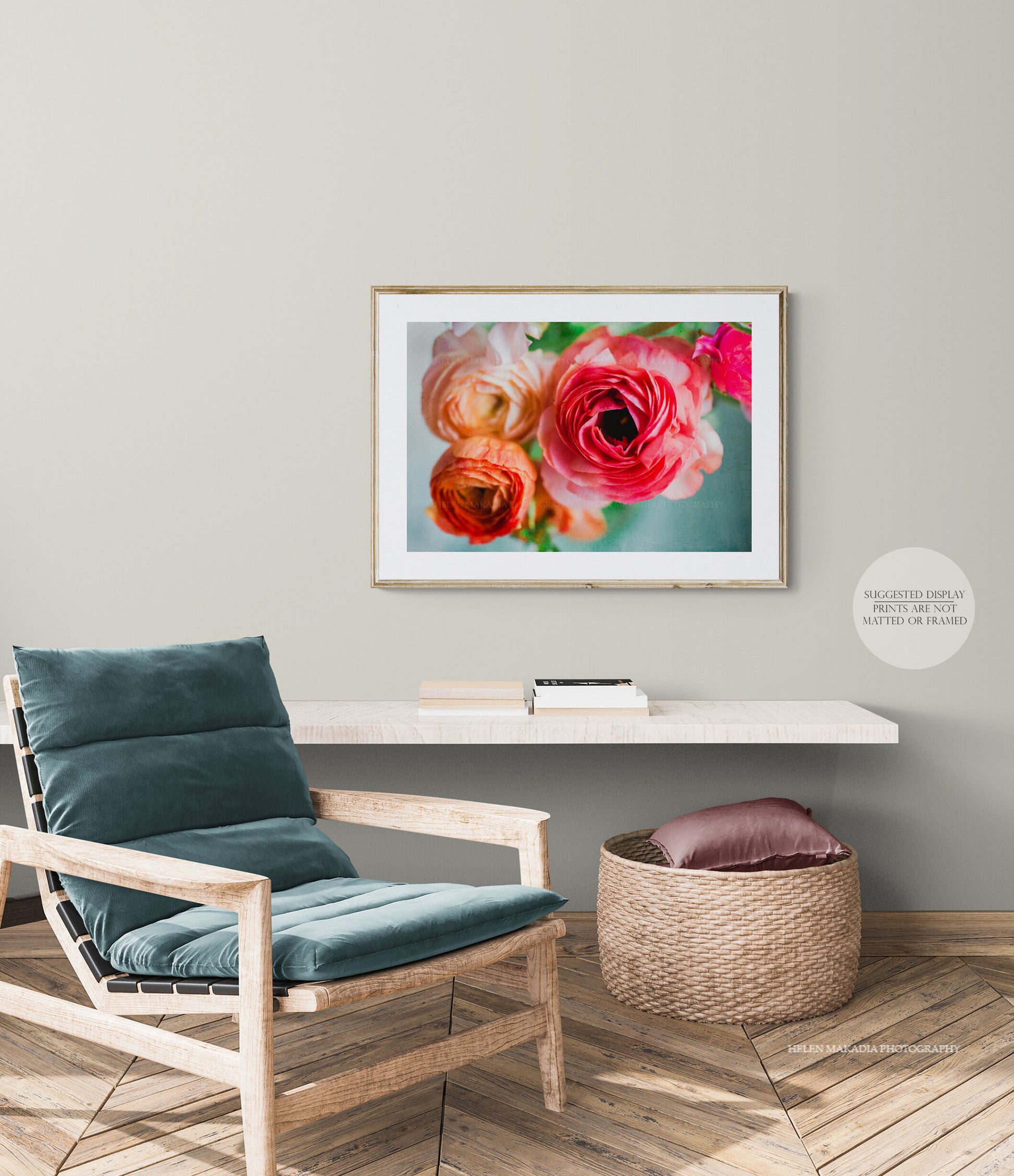 Photograph of Pink and Coral Ranunculus as Wall Art Print in an Office