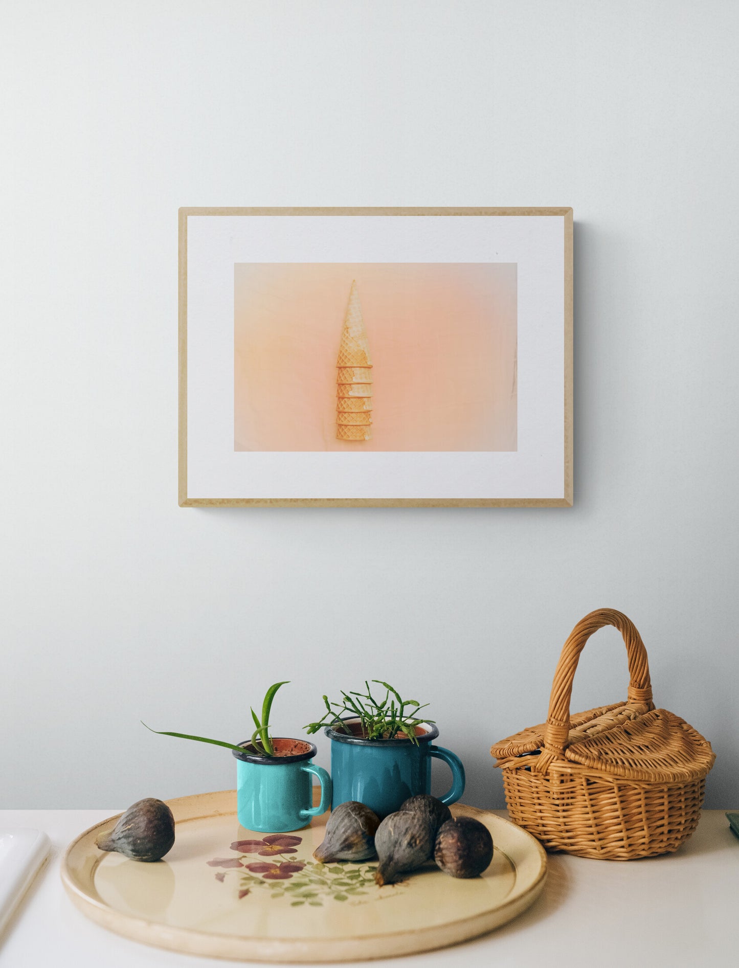 Whimsical stacked ice cream cones photography print in a kitchen as wall art